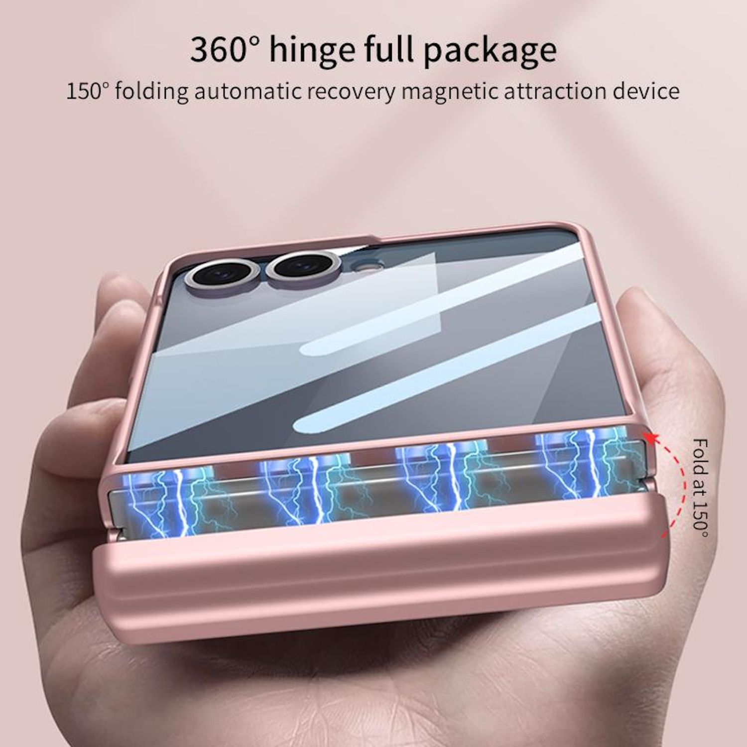 Eine rosa Handyhülle wird geöffnet gezeigt, in der Hand gehalten, mit sichtbarem Bildschirm.