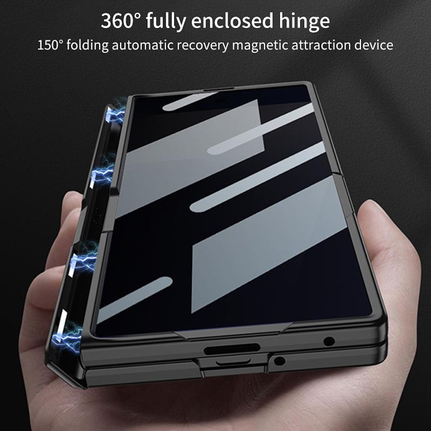 Eine Hand, die ein schwarzes Telefon hält. Das Telefon ist teilweise geöffnet und zeigt blaue Lichtakzente.