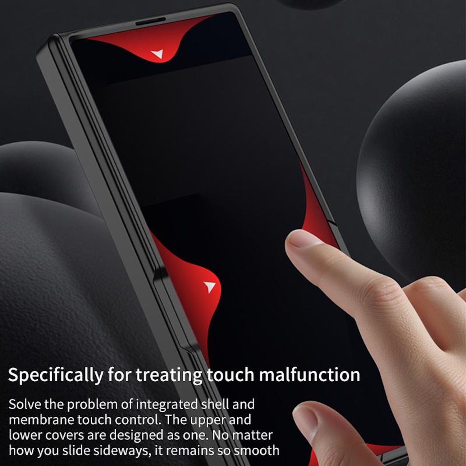 Eine Hand berührt einen Telefonbildschirm und zeigt die Oberfläche und die Touch-Control-Details.