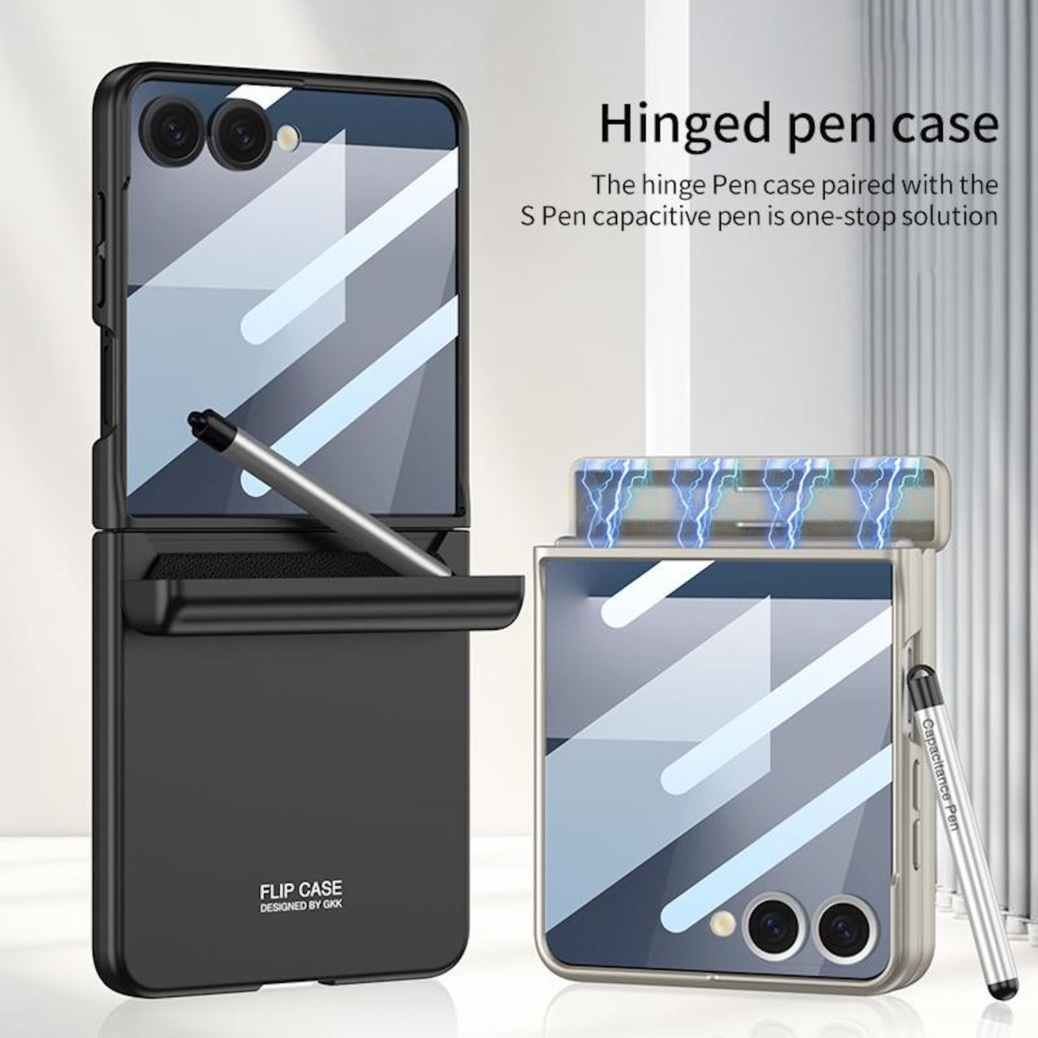 Eine Handyhülle mit einem offenen und geschlossenen Telefon. Es gibt einen Stift. Die Hülle ist schwarz.