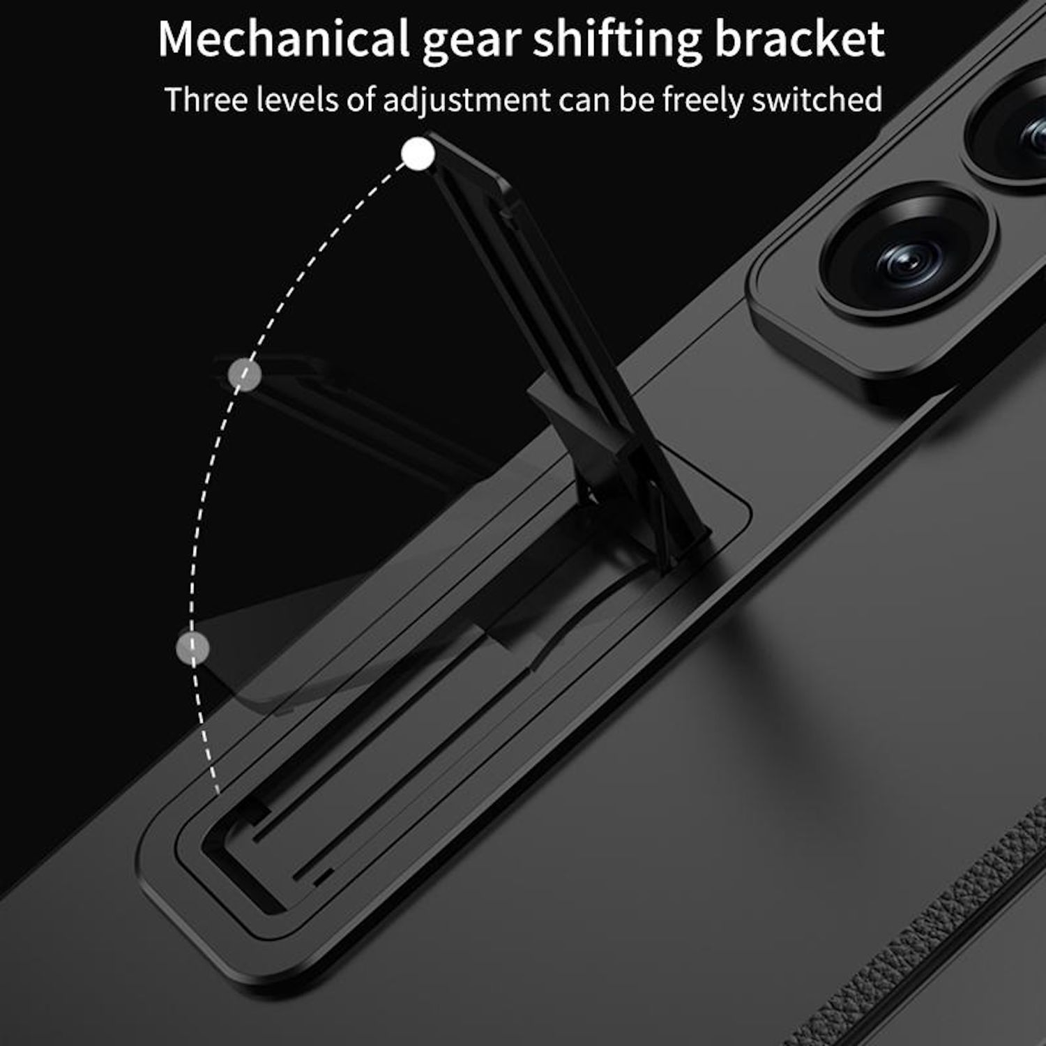 Eine schwarze Handyhülle mit einem mechanischen Gangschaltungsbügel. Es werden drei Einstellstufen gezeigt.