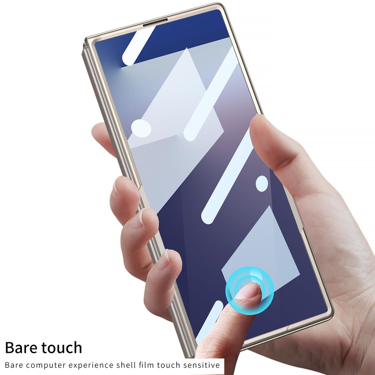 Eine Hand berührt einen Telefonbildschirm. Der Bildschirm ist sichtbar und zeigt einen blauen Kreis, wo er berührt wird.