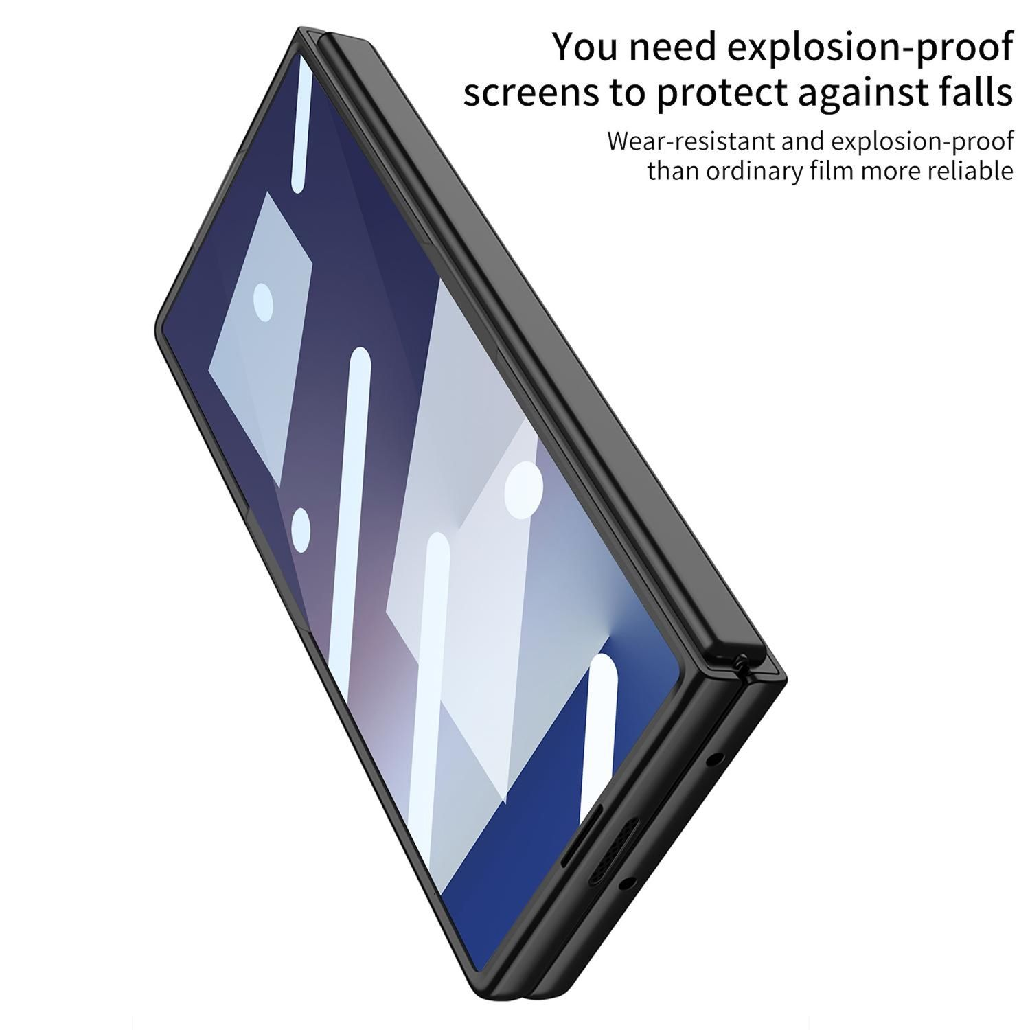 Ein Telefon in einer schwarzen Hülle. Das Telefon ist teilweise geöffnet. Text: 'You need explosion-proof screens'.