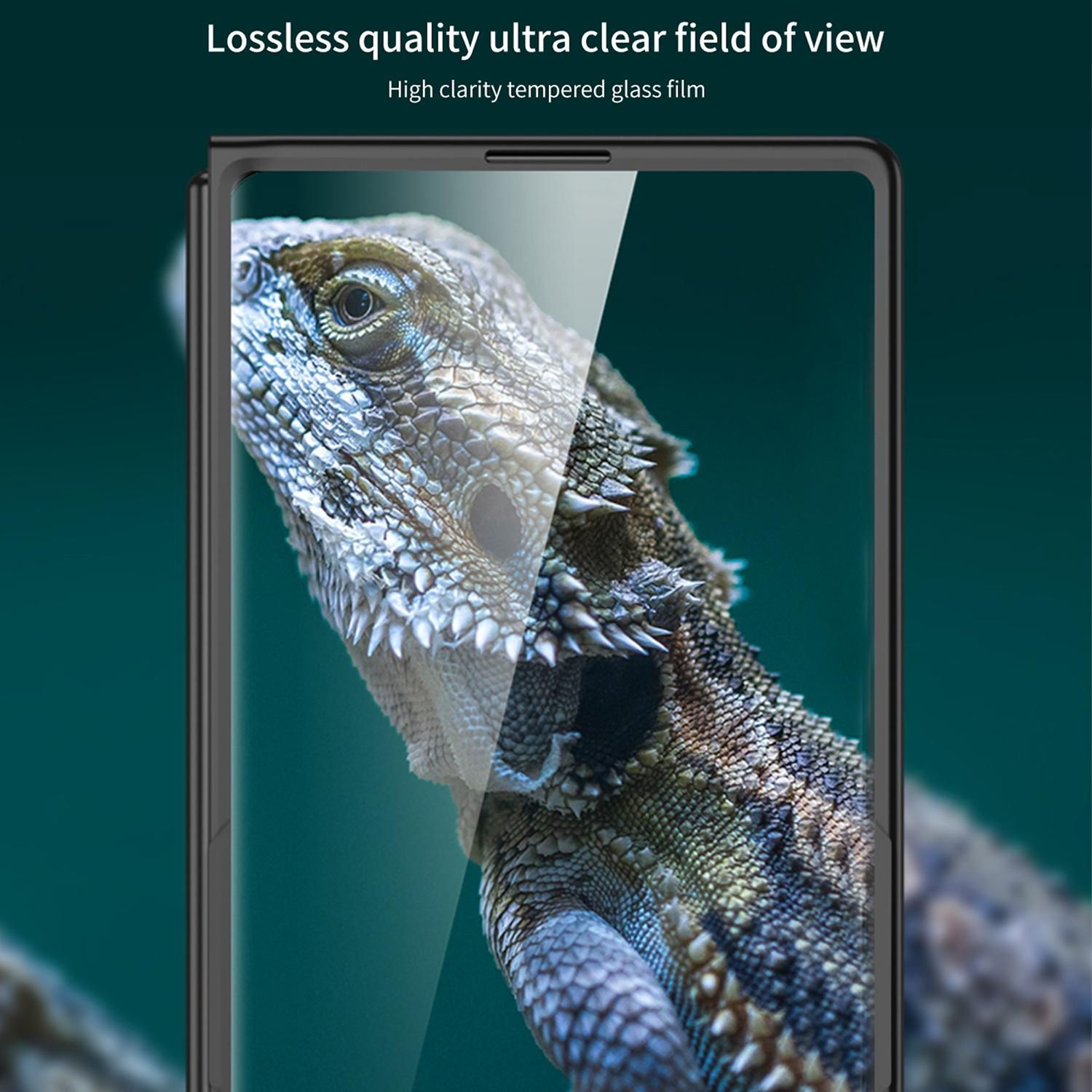 Ein Telefonbildschirm mit einer Eidechse. Der Bildschirm wird durch einen Displayschutz geschützt.