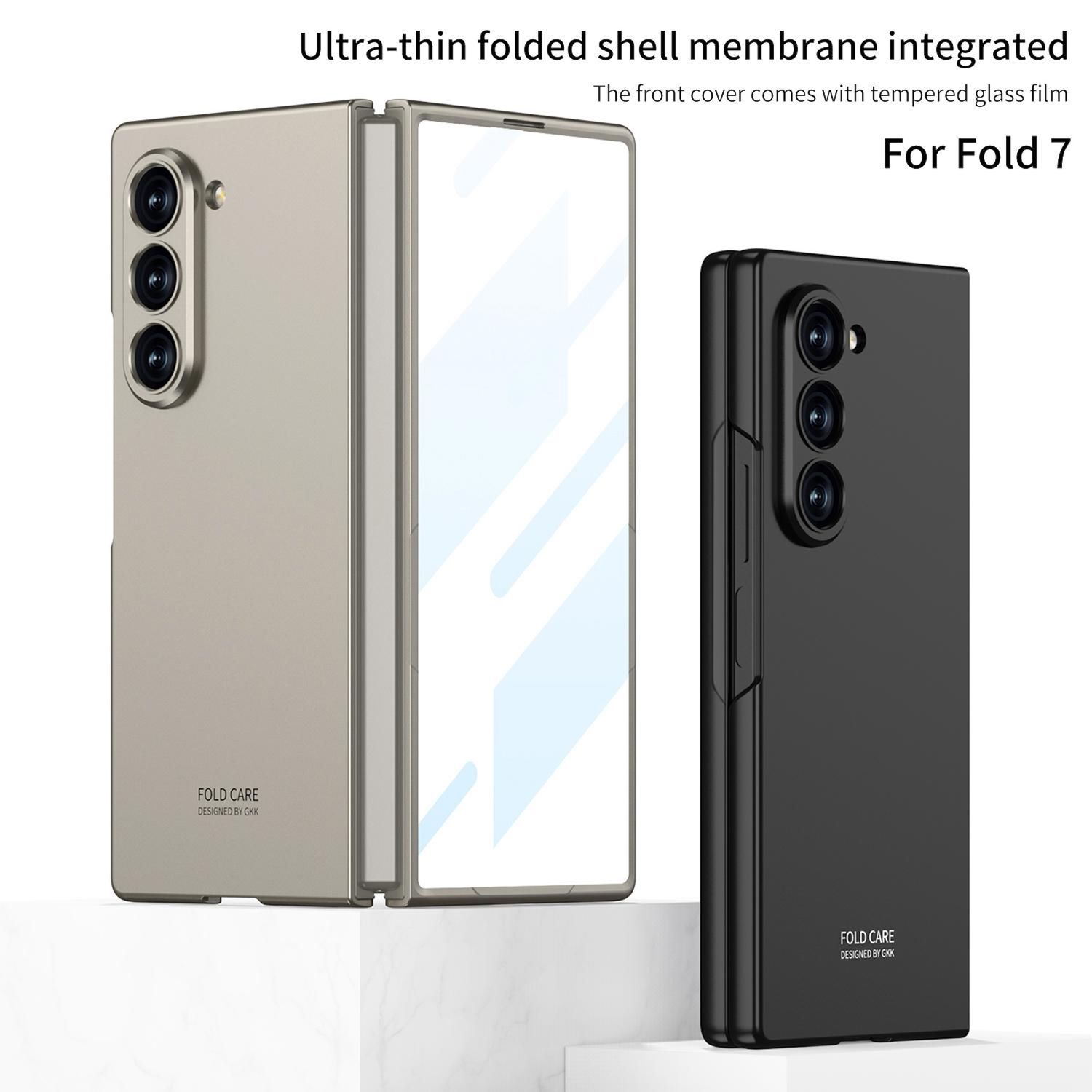 Zwei Handyhüllen, eine beige und eine schwarze. Die beige ist offen und zeigt einen Bildschirm.
