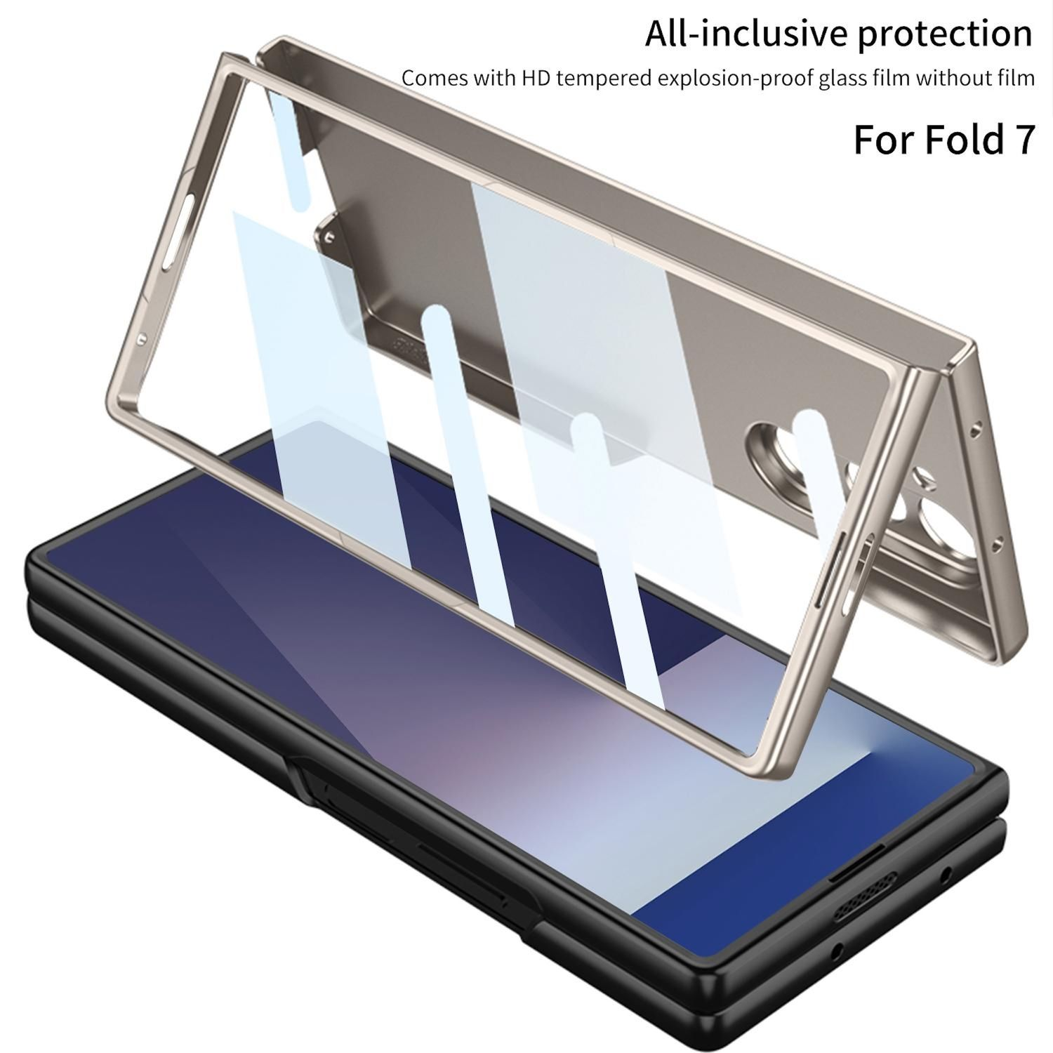 Ein Telefon und eine Hülle. Text: All-inclusive protection Comes with HD tempered explosion-proof glass film without film For Fold 7.