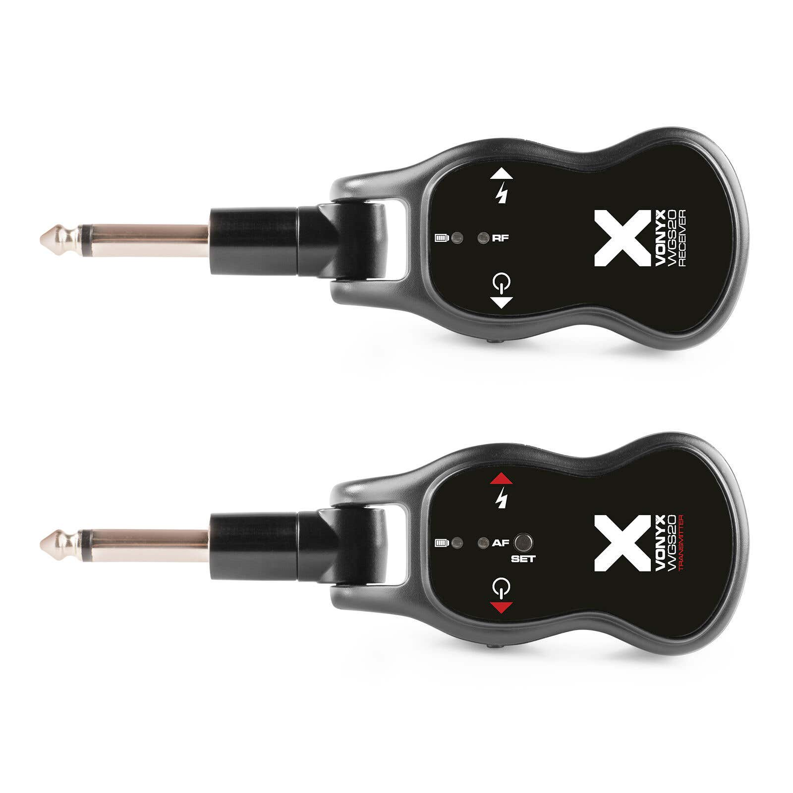 Dos dispositivos negros con conectores plateados. Uno con símbolo RF, otro AF.
