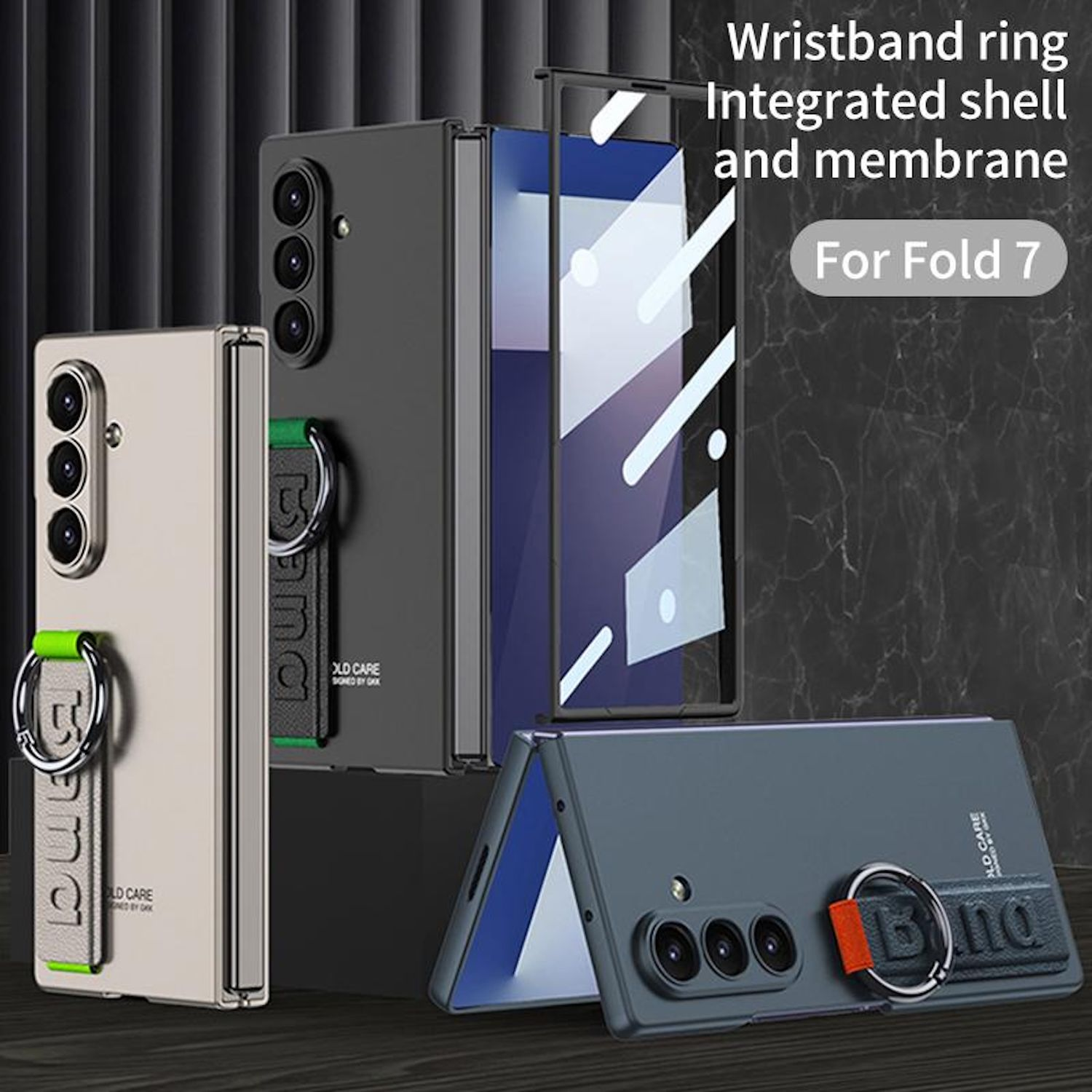 Múltiples fundas de teléfono. Dos cerradas y una abierta, mostrando la pantalla del teléfono, con soportes de anillo.