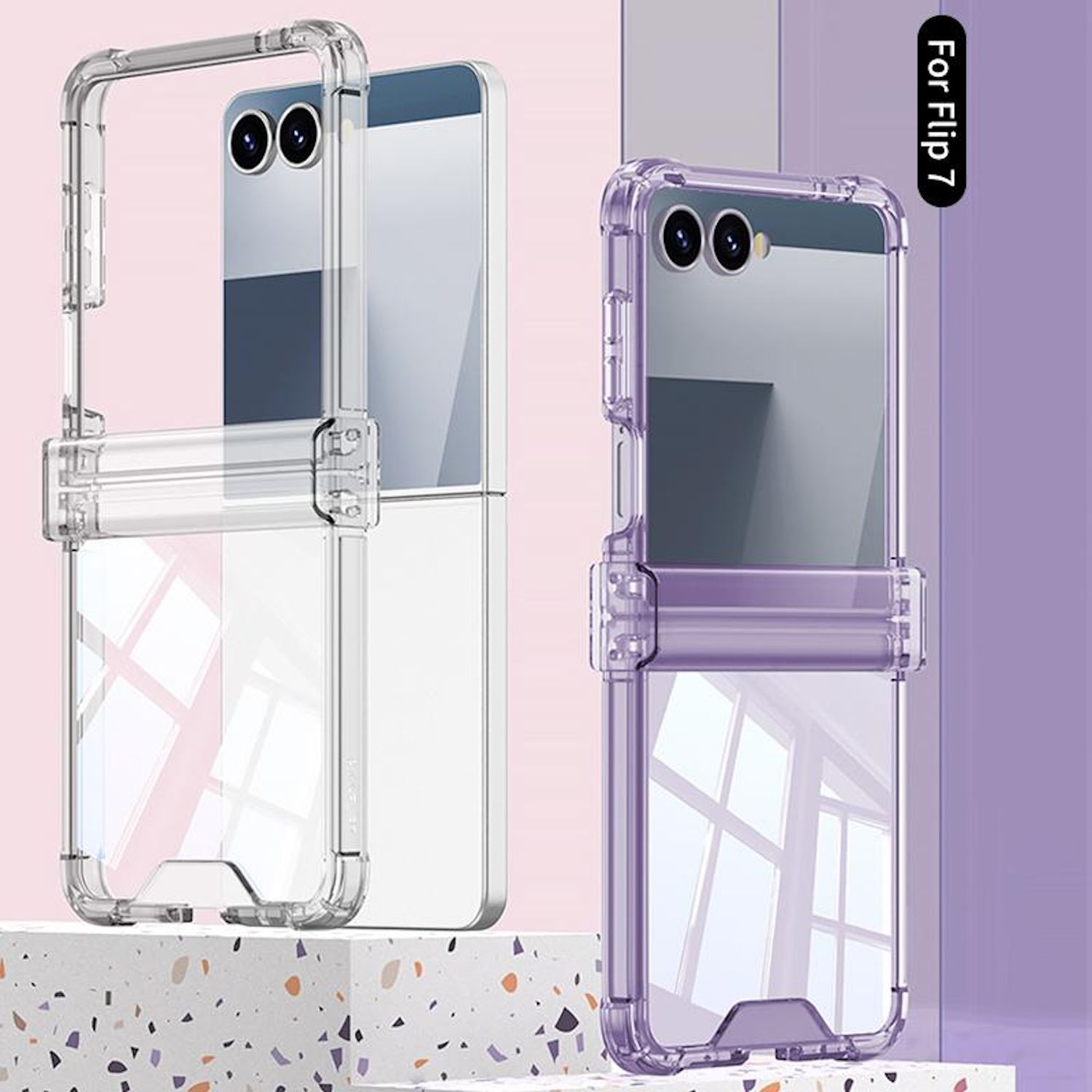 Zwei klare Handyhüllen, eine offen, eine geschlossen. Beide zeigen ein Telefon mit Kameras. Hintergrund ist rosa und lila.