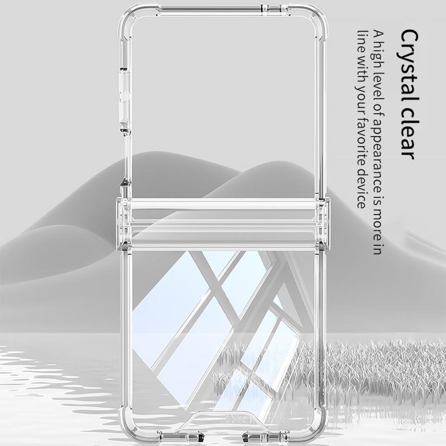 Transparente Handyhülle vor verschwommenem Bergpanorama. Die Hülle ist durchsichtig, der Hintergrund ist weiß und grau.