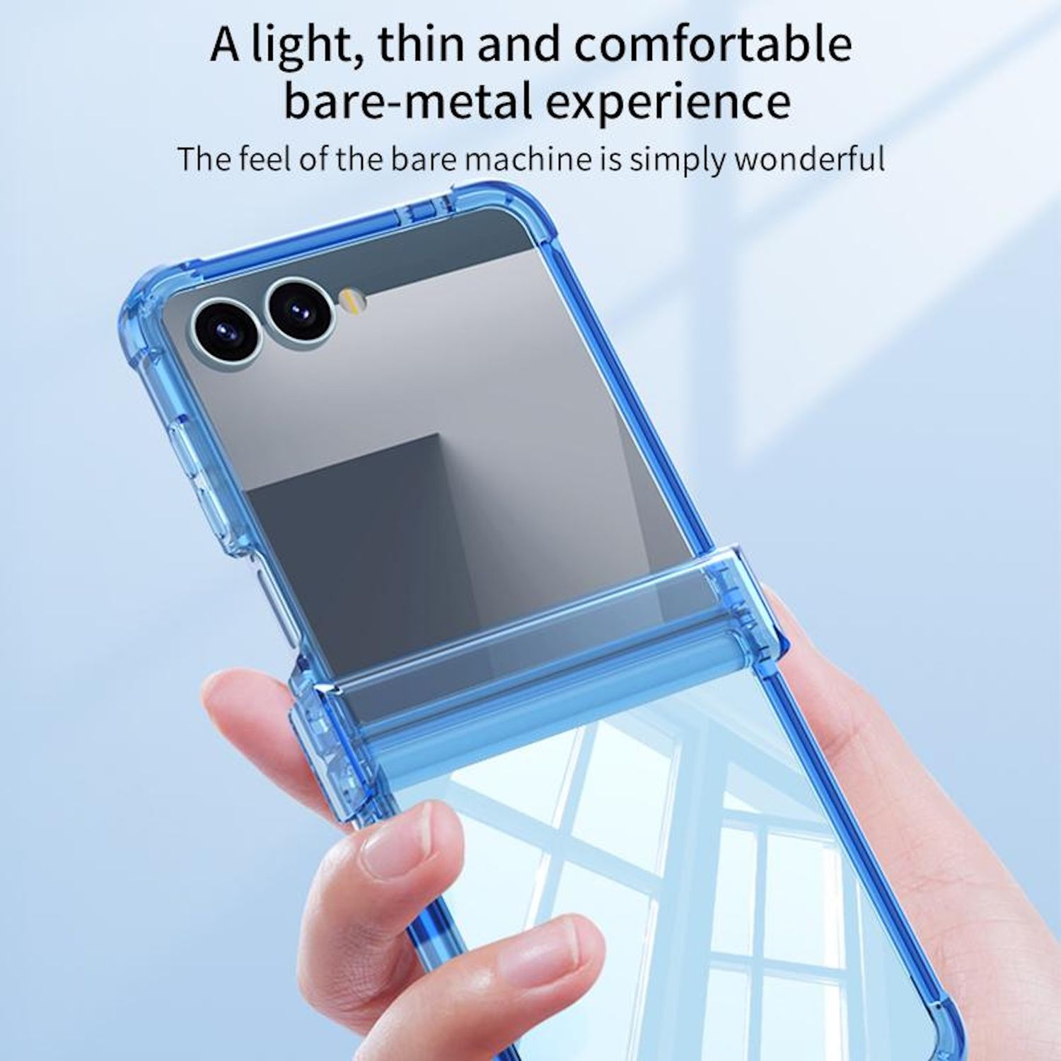 Ein Telefon in einer blauen Hülle, offen. Das Telefon hat zwei Kameras. Die Hülle ist transparent.