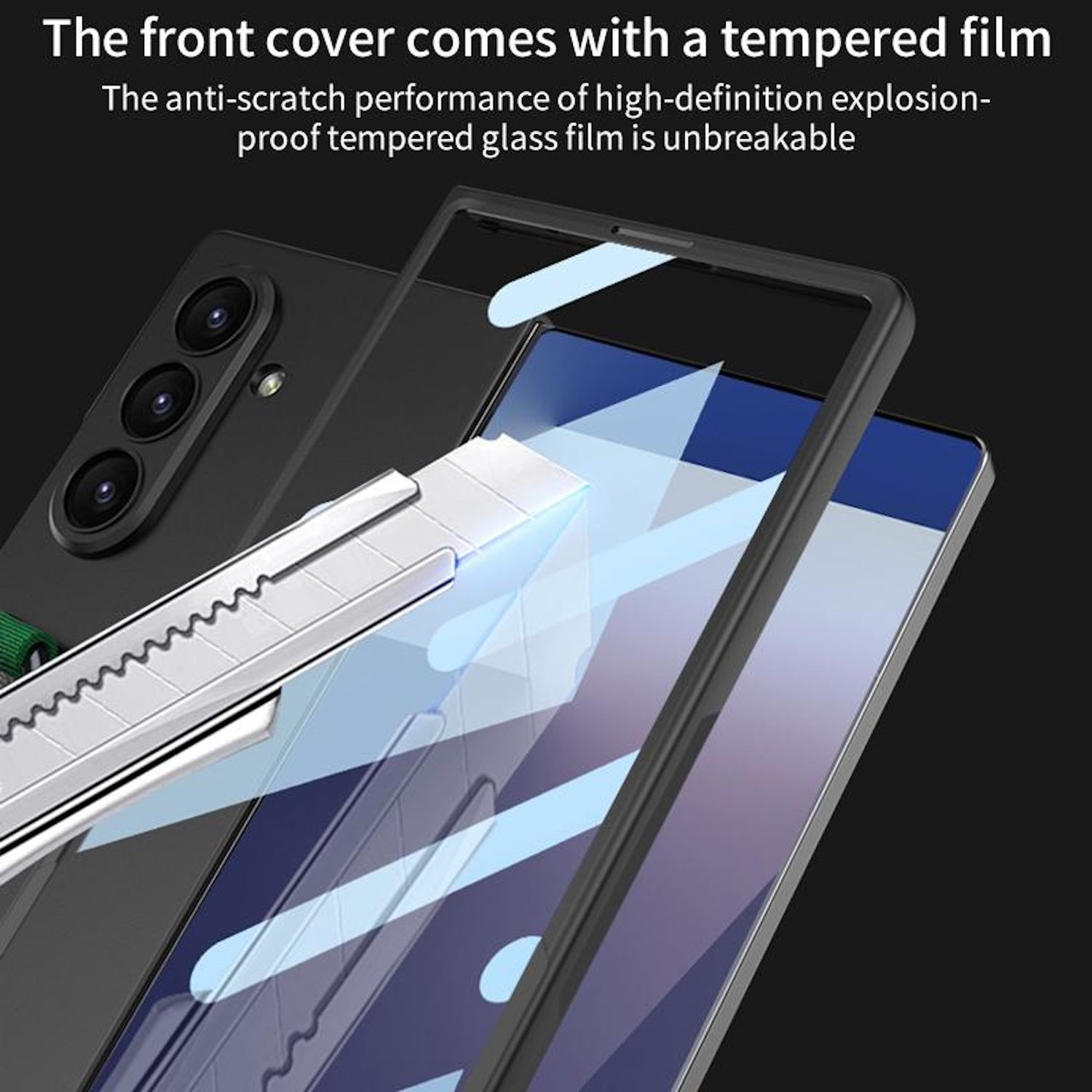 Funda de teléfono con protector de pantalla de vidrio templado. El teléfono es negro, el protector de pantalla es transparente y reflectante.