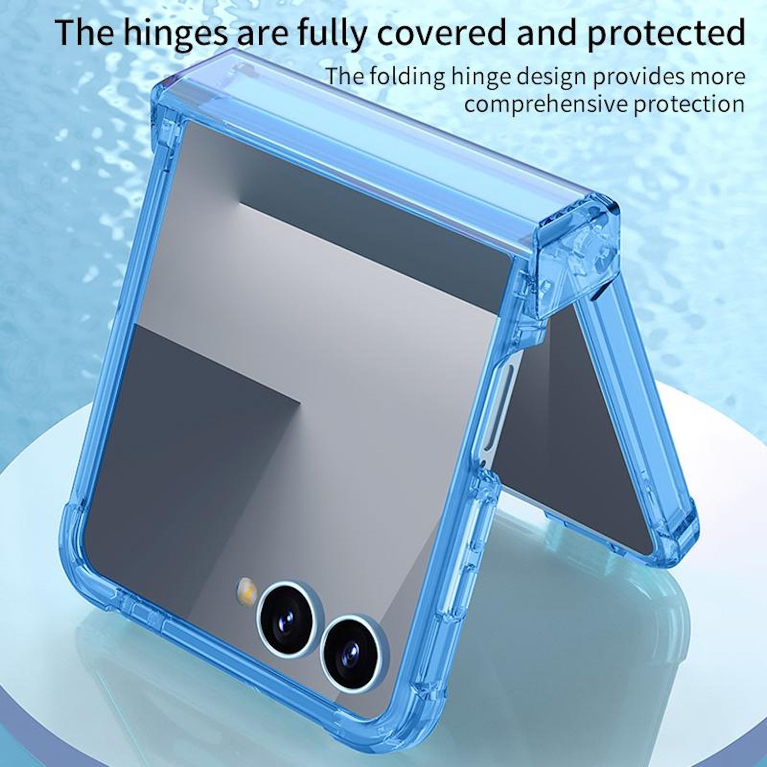 Ein Telefon in einer blauen Hülle, offen. Die Hülle umgibt das Telefon. Der Hintergrund ist blau.