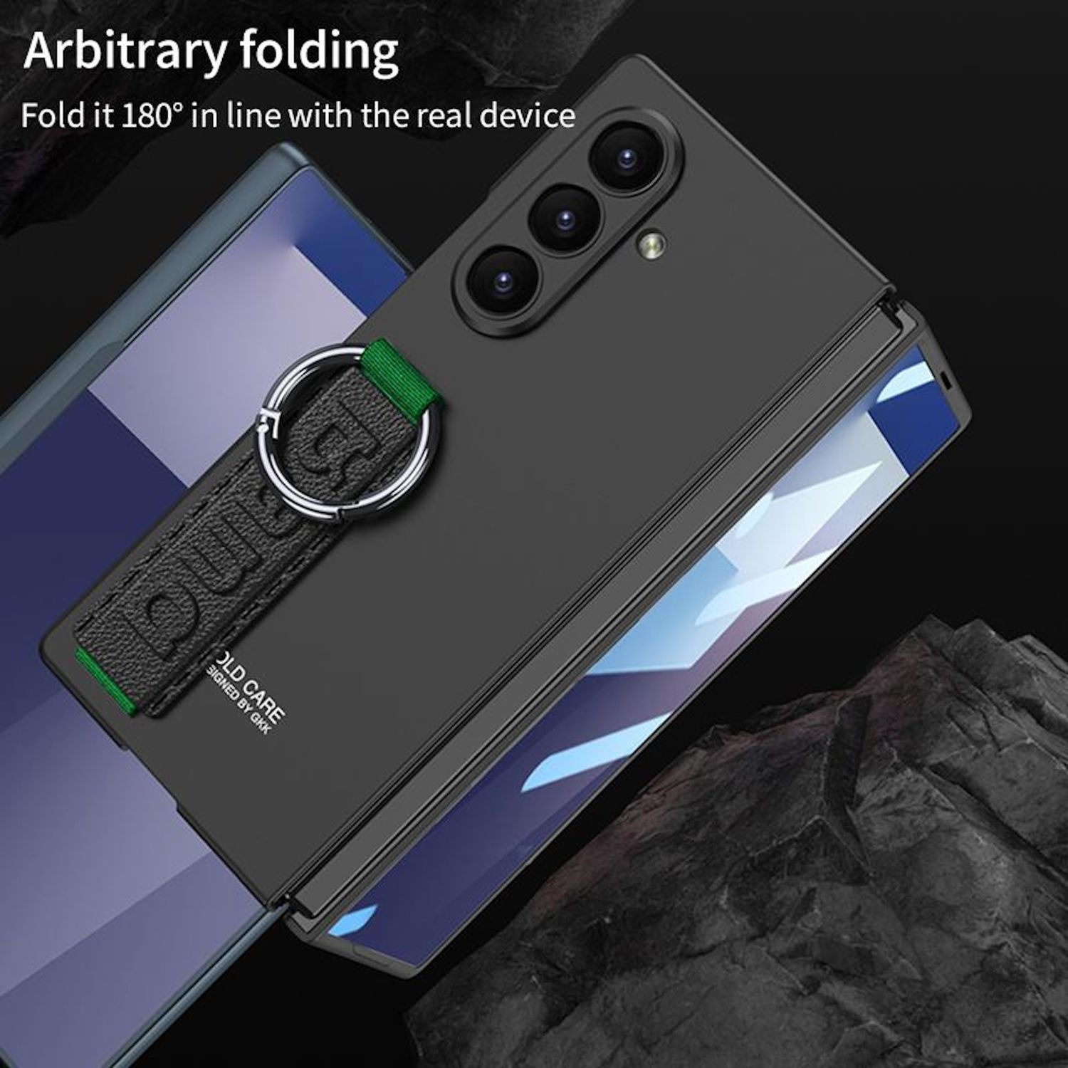 Funda negra para teléfono con correa y anillo verdes. El teléfono está abierto, mostrando su pantalla.
