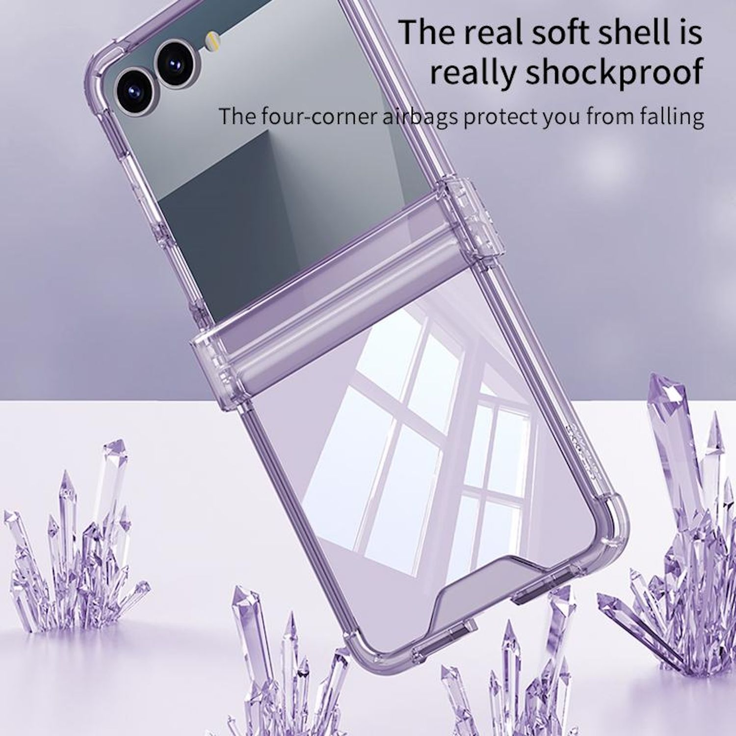 Ein Telefon mit einer lila Hülle. Das Telefon befindet sich in einer Faltposition. Im Hintergrund sind Kristalle.
