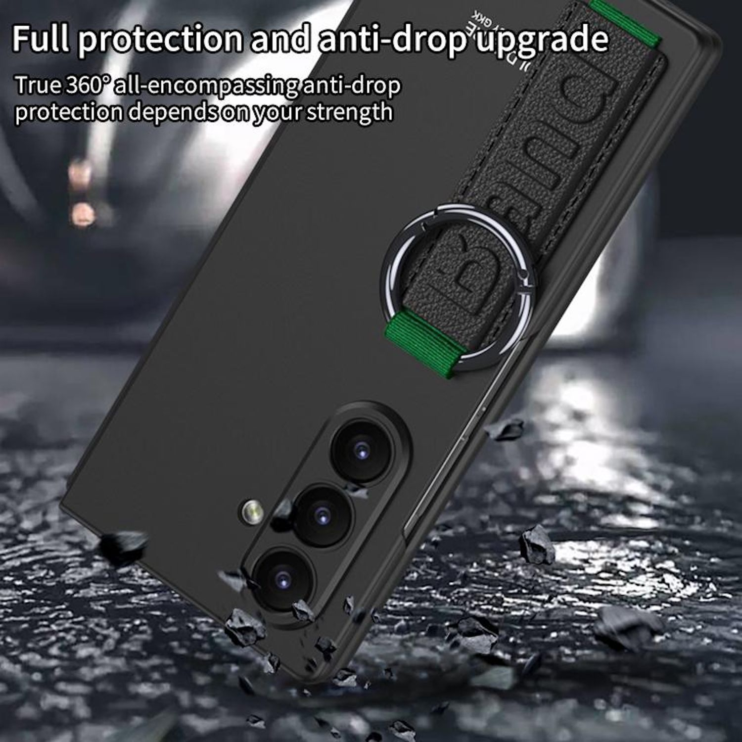 Funda de teléfono negra con una banda negra y un anillo plateado. La banda tiene texto blanco. Hay rocas en la superficie.
