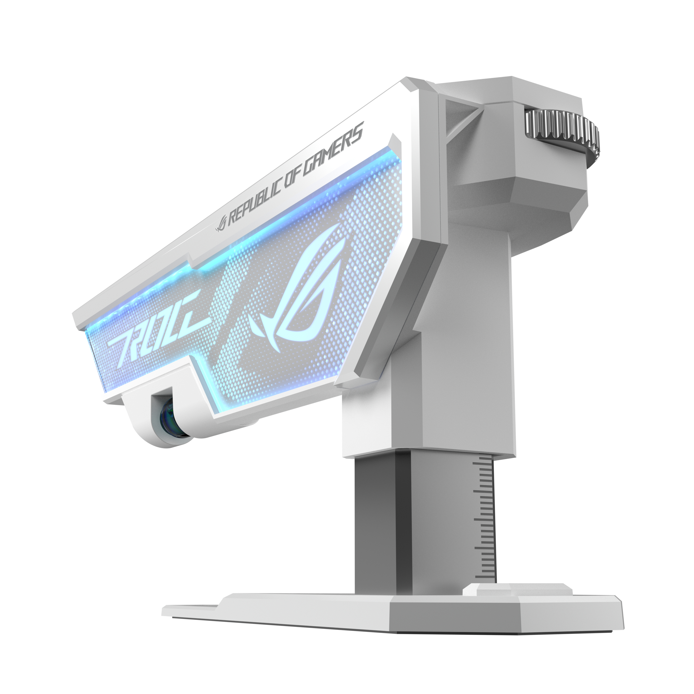 Monitor ROG bianco con logo ROG blu brillante e supporto.