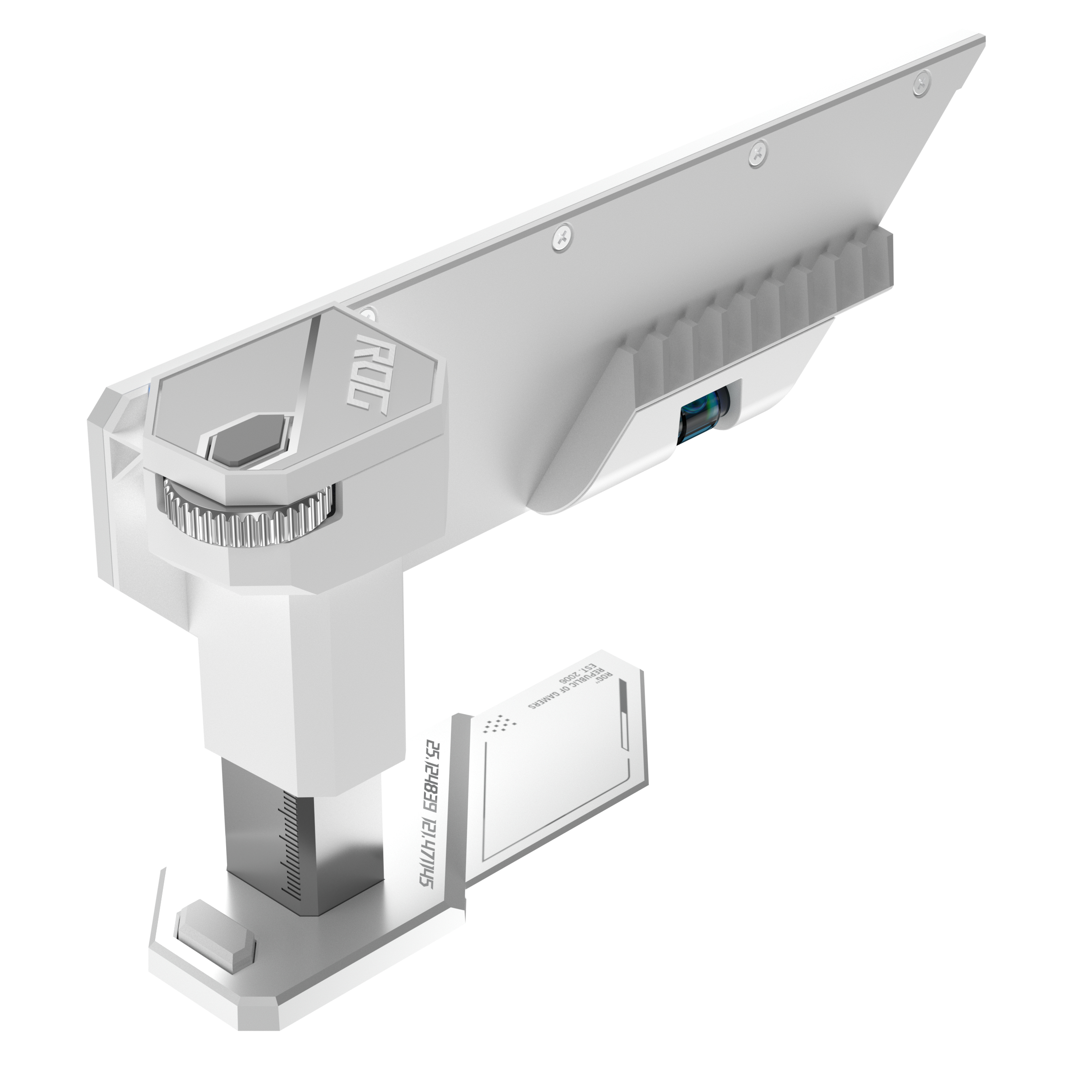 Componente hardware bianco. Accenti argentati, varie porte. Sfondo bianco.