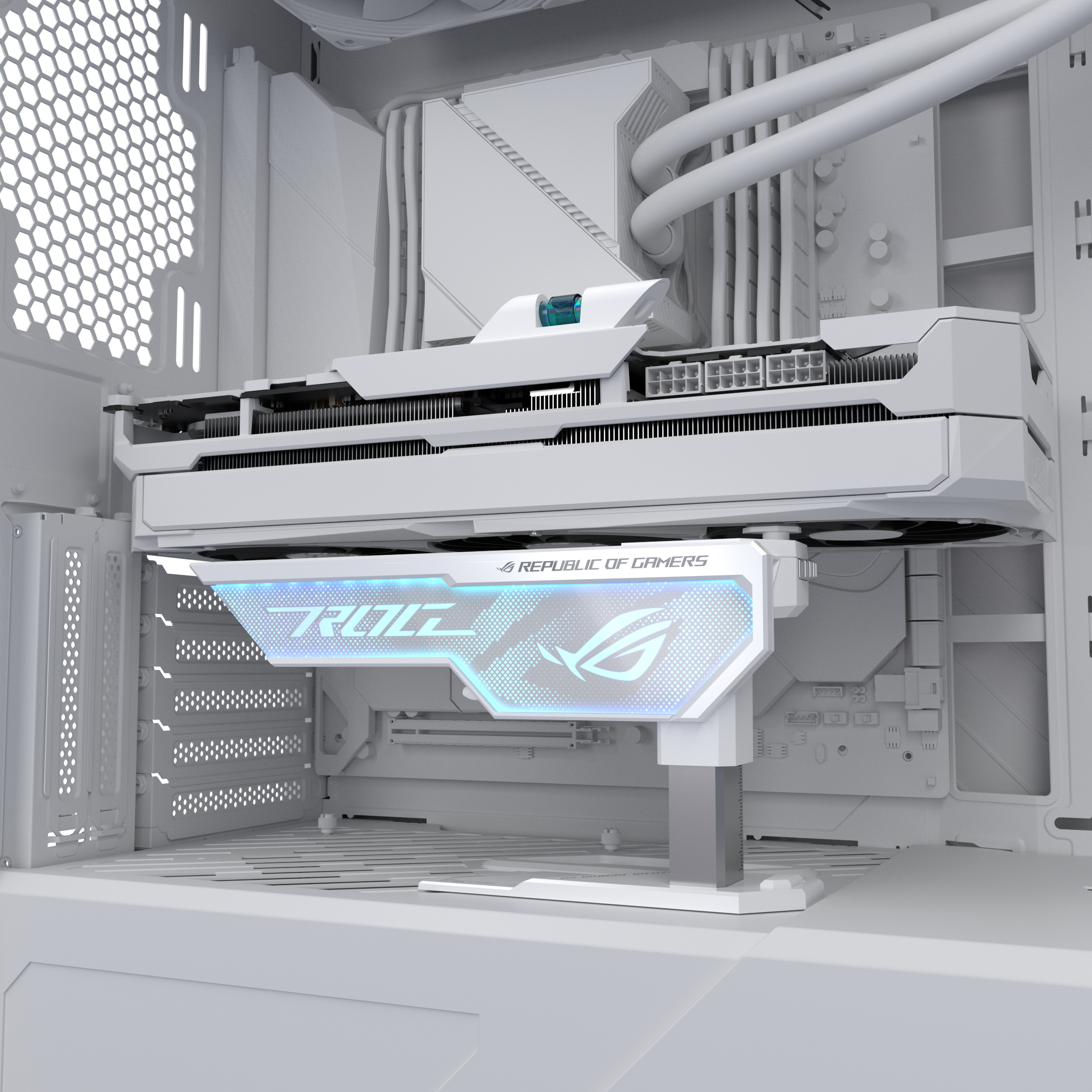 Interno del case del computer bianco con componenti ROG e illuminazione.