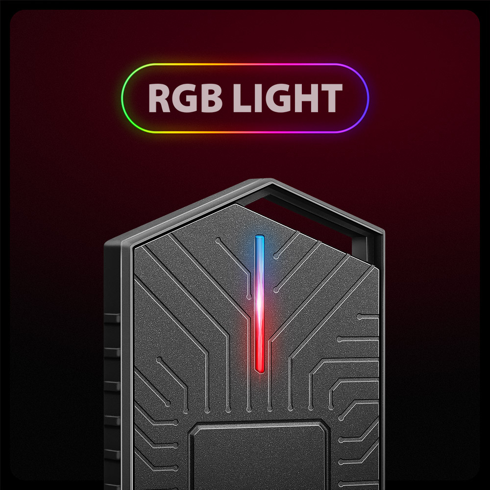 Primo piano di un dispositivo nero con luce rossa e blu, con 'RGB LIGHT'.