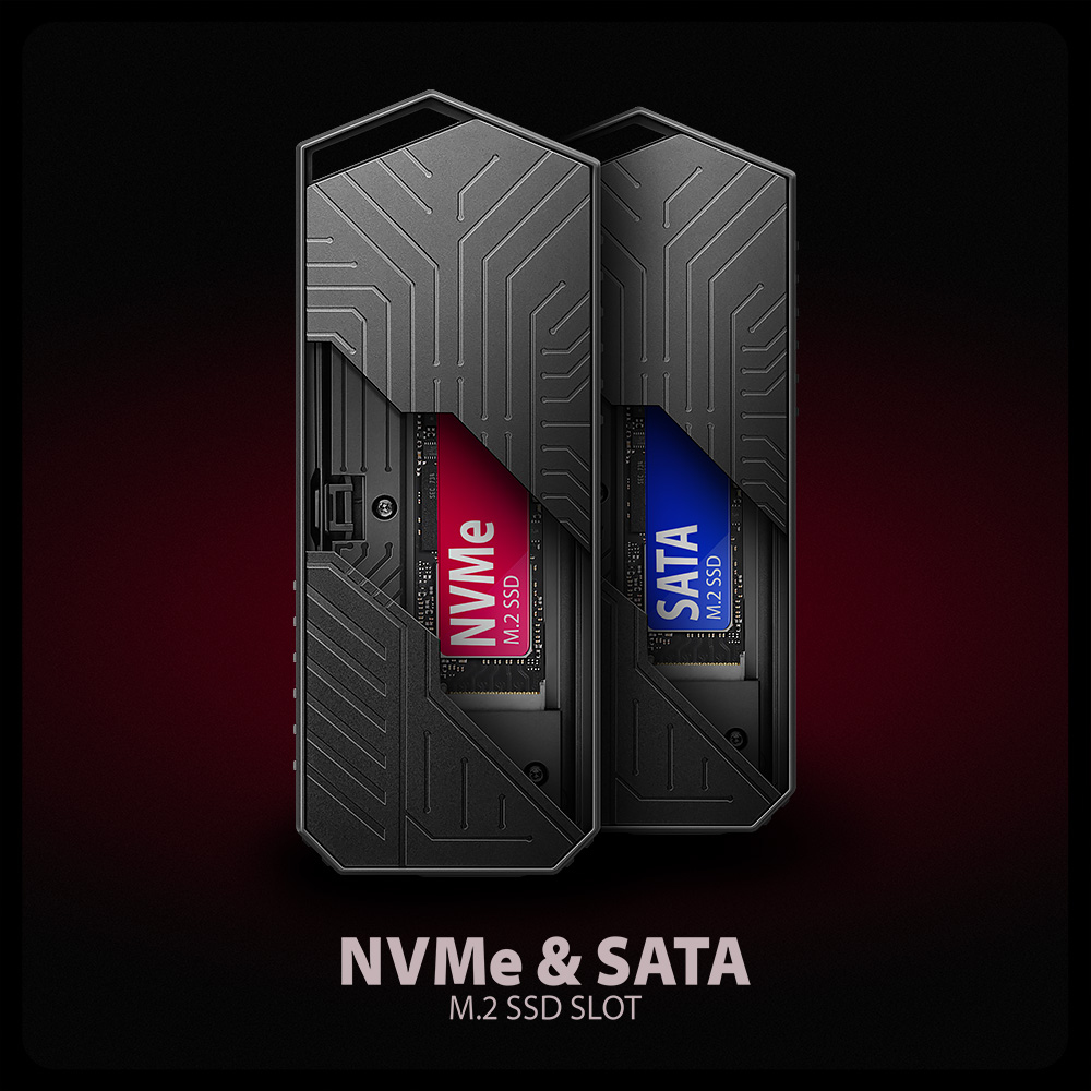 Due SSD M.2 NVMe e SATA neri con etichette rosse e blu.