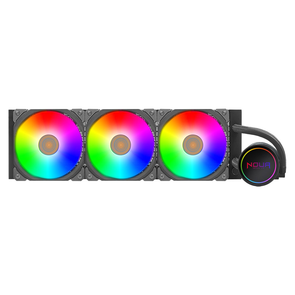 Un sistema di raffreddamento ad acqua per computer con tre ventole, ciascuna con luci arcobaleno. Cornice nera e pompa circolare.