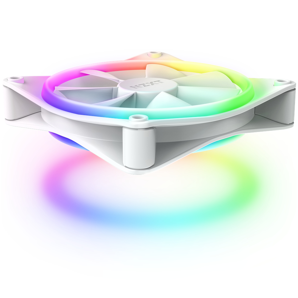 Ventilateur d'ordinateur blanc avec un anneau LED aux couleurs de l'arc-en-ciel. Le ventilateur est positionné sur un fond blanc.