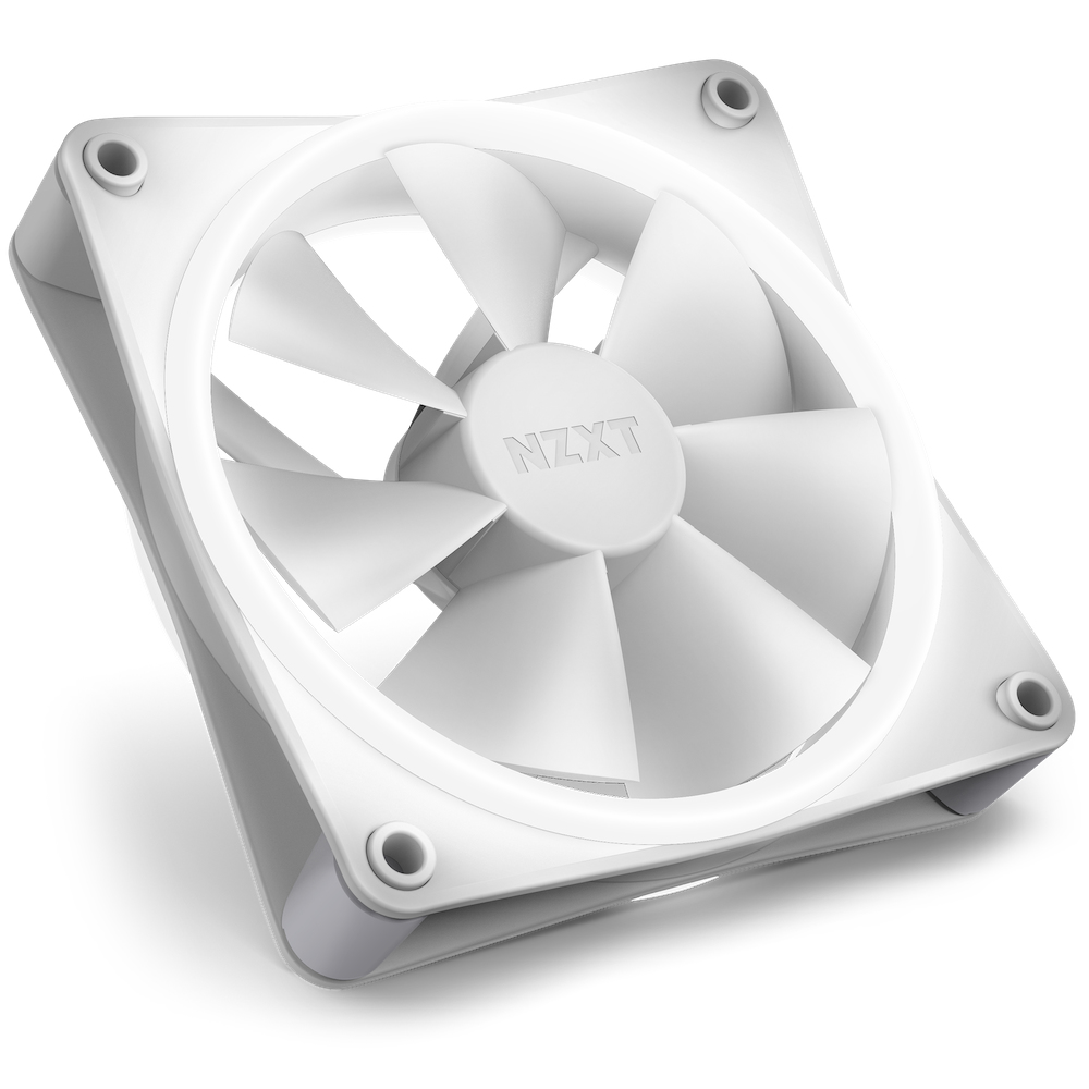 Un ventilateur d'ordinateur blanc avec sept pales et le logo 'NZXT'.