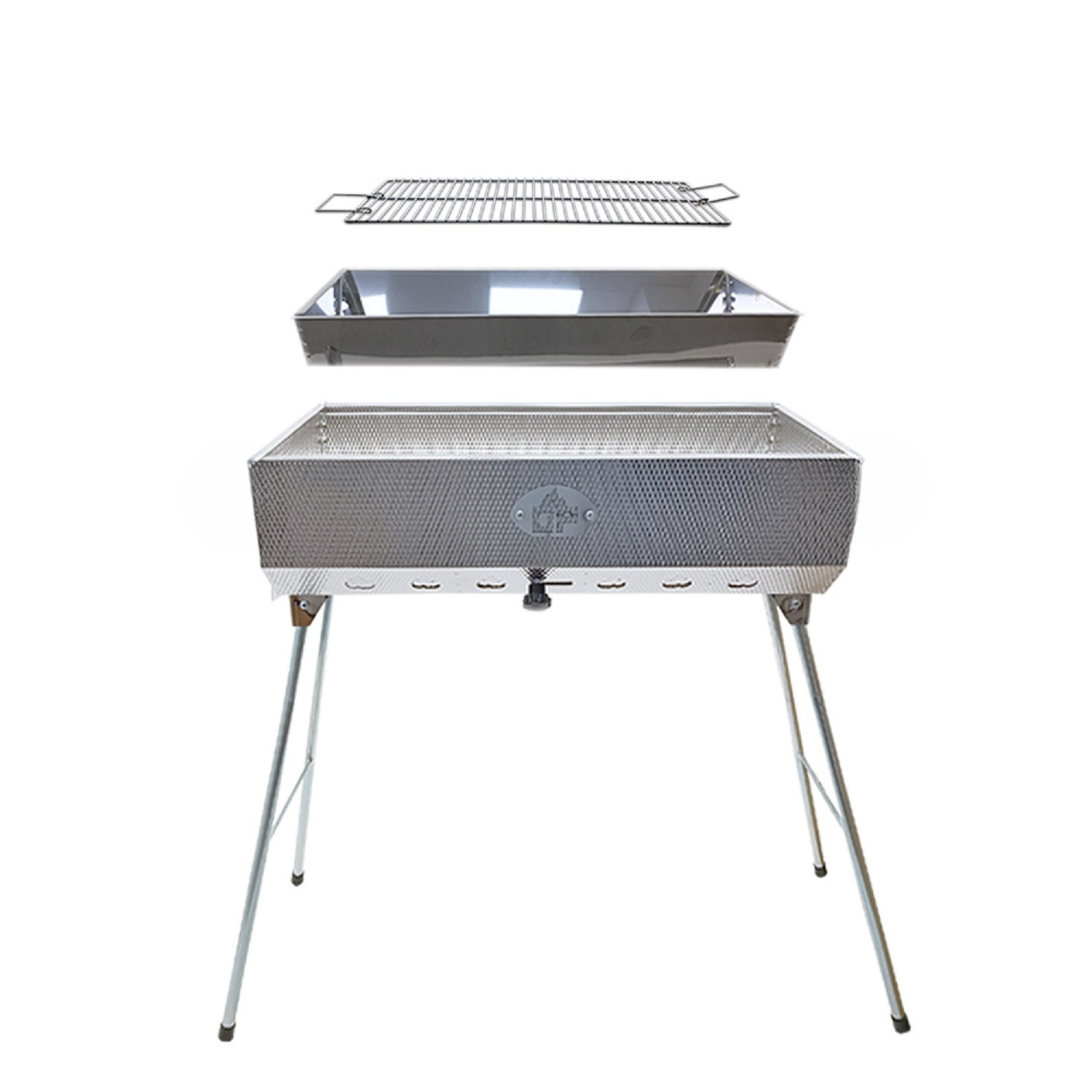 Ein zerlegter BBQ-Grill mit Rost, Schale und Hauptteil mit Beinen.