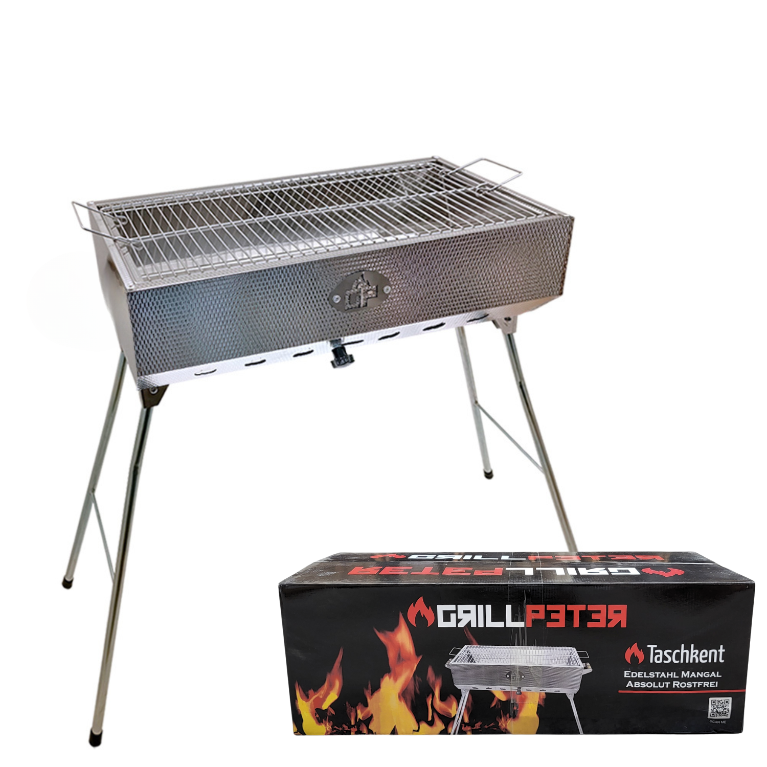 Grill mit Box. Der Grill ist aus Edelstahl und steht auf Beinen. Die Box zeigt den Grill.