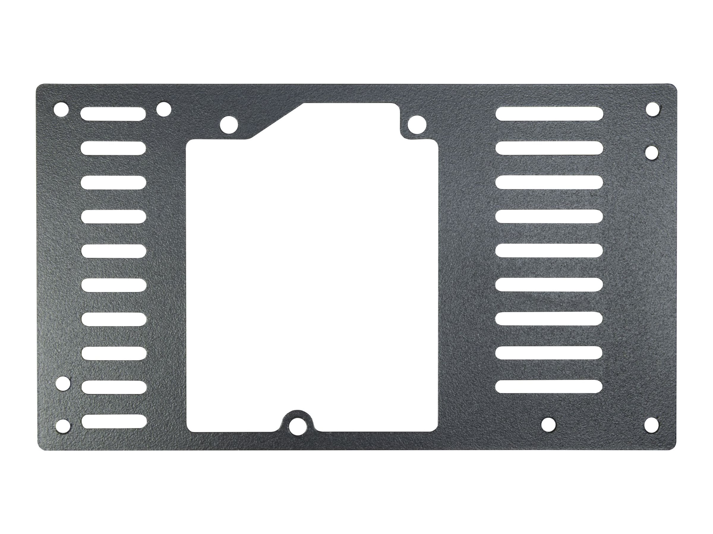 Una staffa per case PC in metallo nero con un ritaglio per un'unità.