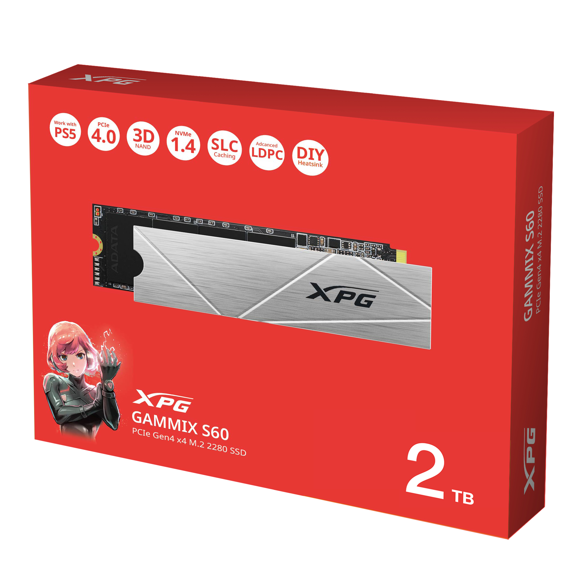 A red box with an XPG GAMMIX S60 SSD and product details, set against a white backdrop.