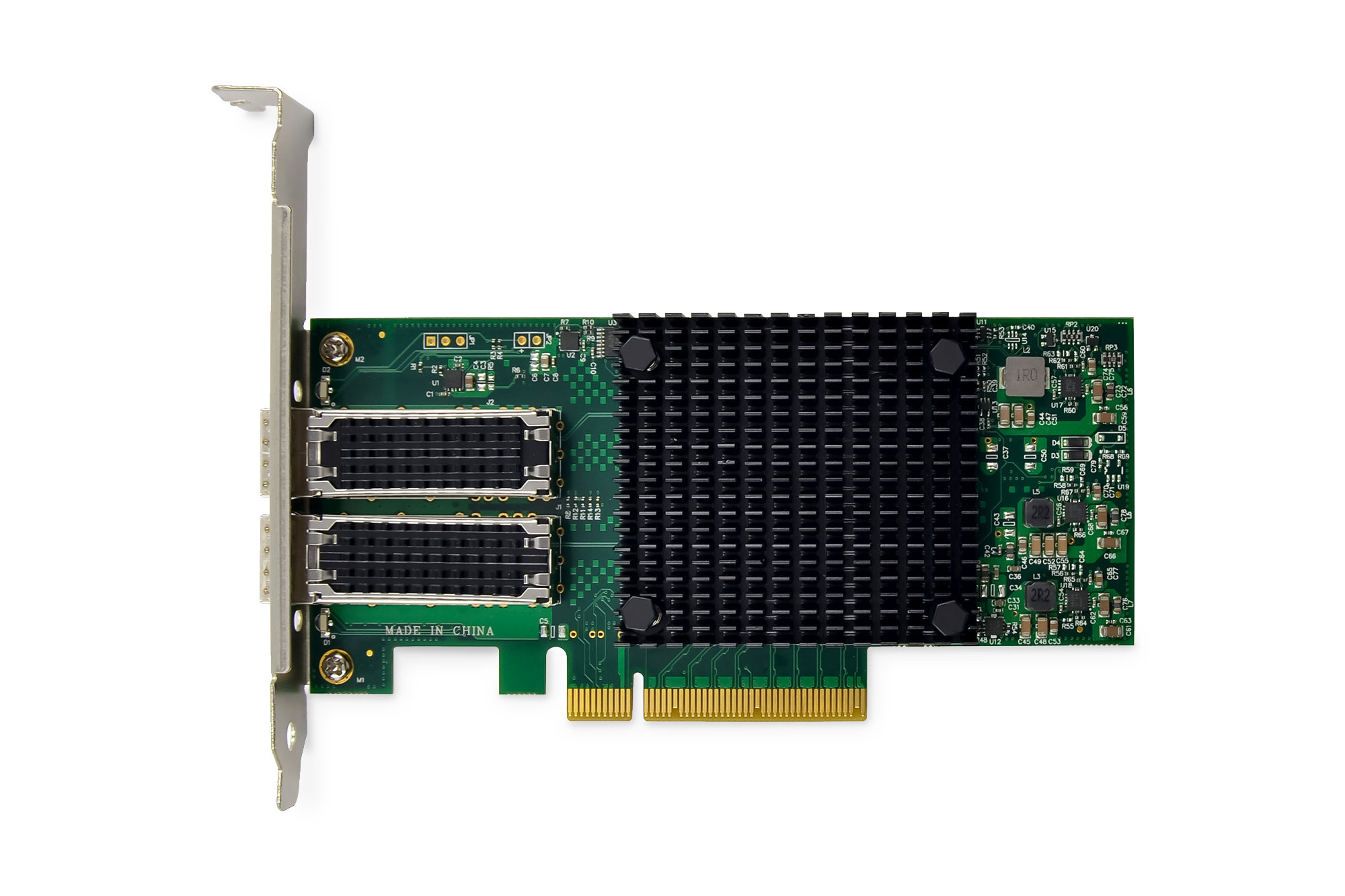 Componente per computer verde e nero. Ha due slot, un dissipatore e una staffa metallica.
