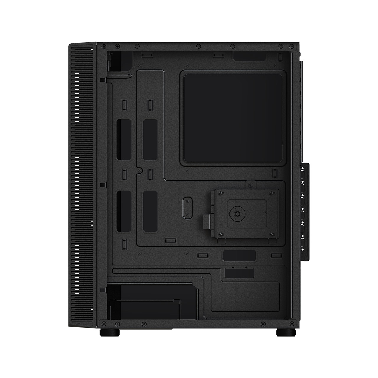Open zwart computerkast interieur. Toont verschillende montagepunten en ruimtes voor componenten.