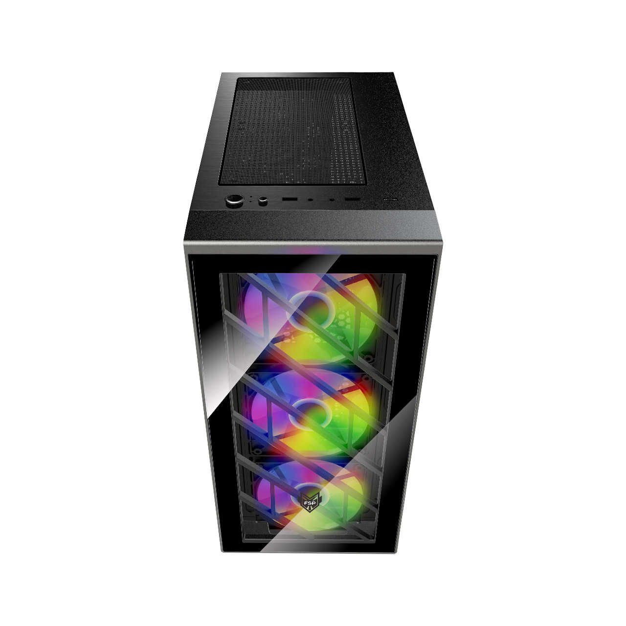 Zwarte computerkast vooraanzicht met glazen paneel en drie verlichte ventilatoren met regenboogkleuren.
