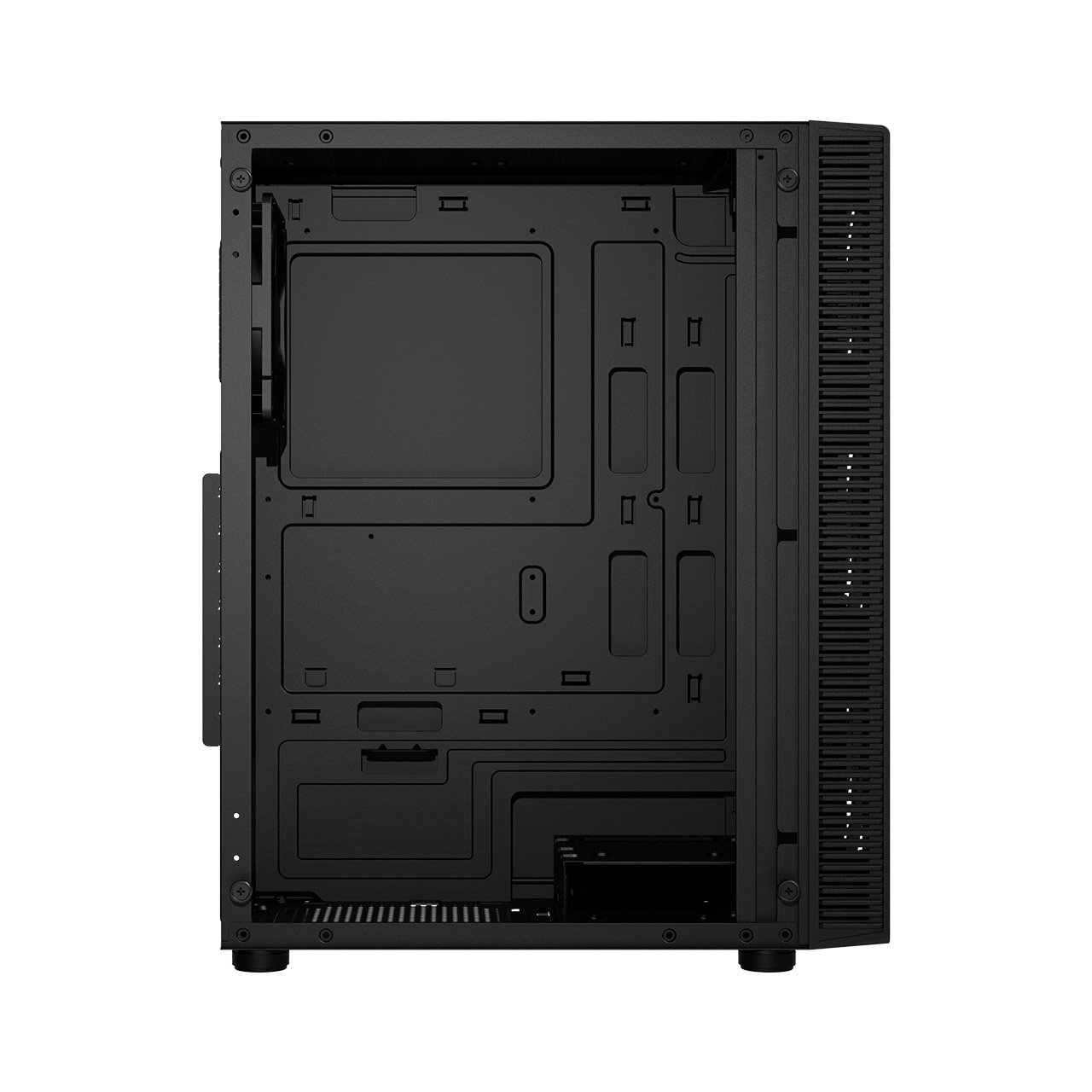 De binnenkant van een zwarte computerkast, met de indeling met verschillende montagepunten en openingen.