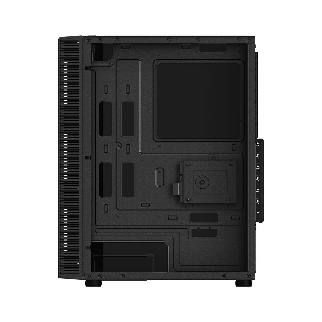 Open zwart computerkast interieur. Toont verschillende montagepunten en ruimtes voor componenten.