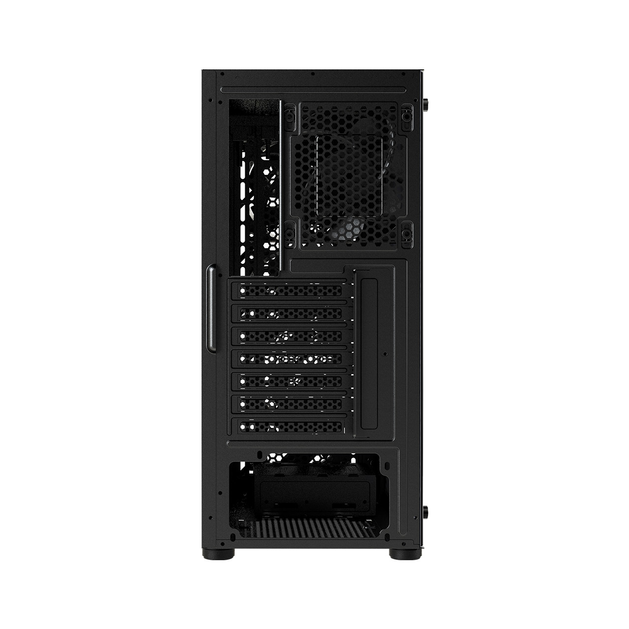 De binnenkant van een zwarte computerkast, met het achterpaneel met verschillende openingen.