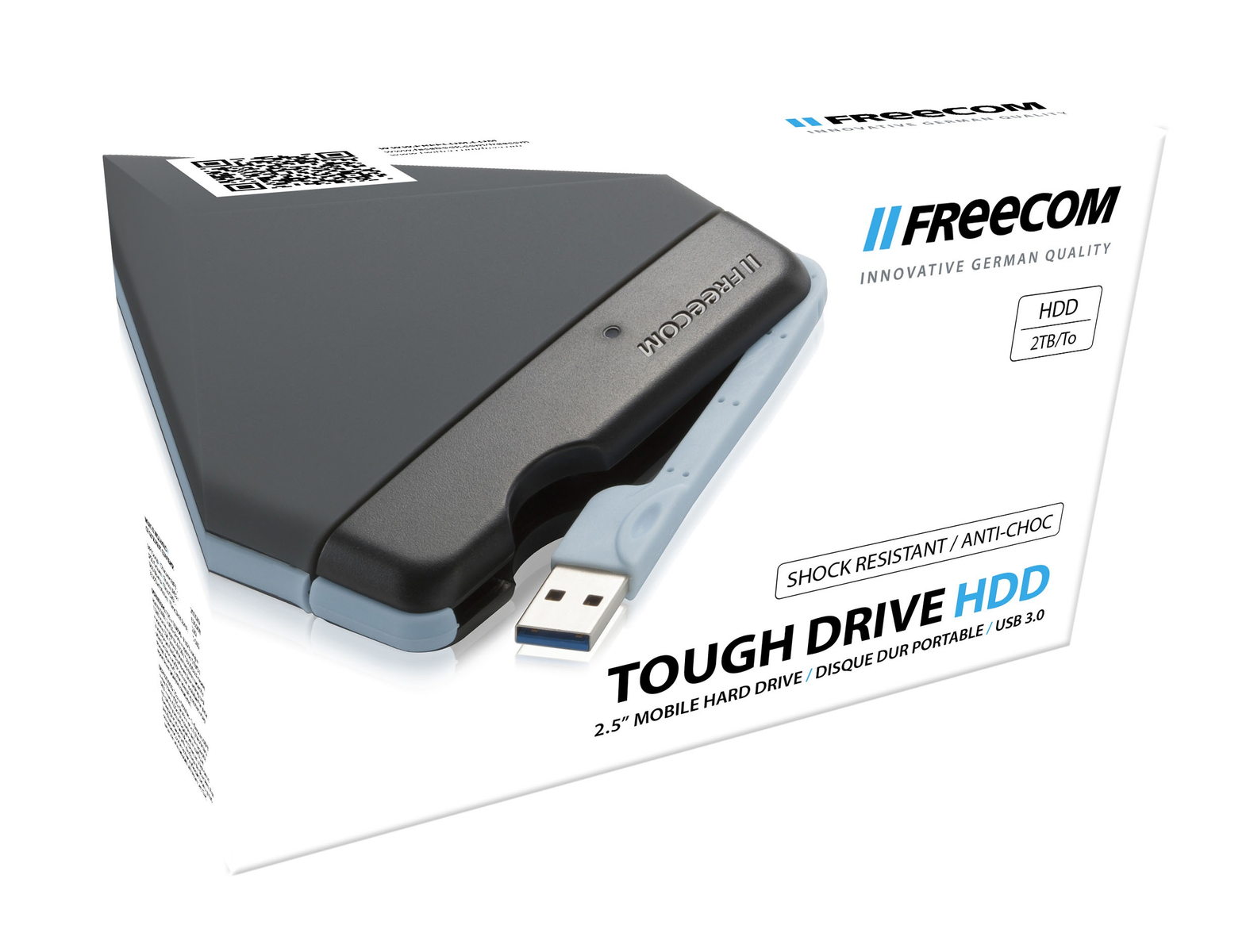 Una scatola di 'Freecom Tough Drive HDD' con un disco rigido da 2TB. La scatola è bianca con testo e loghi.
