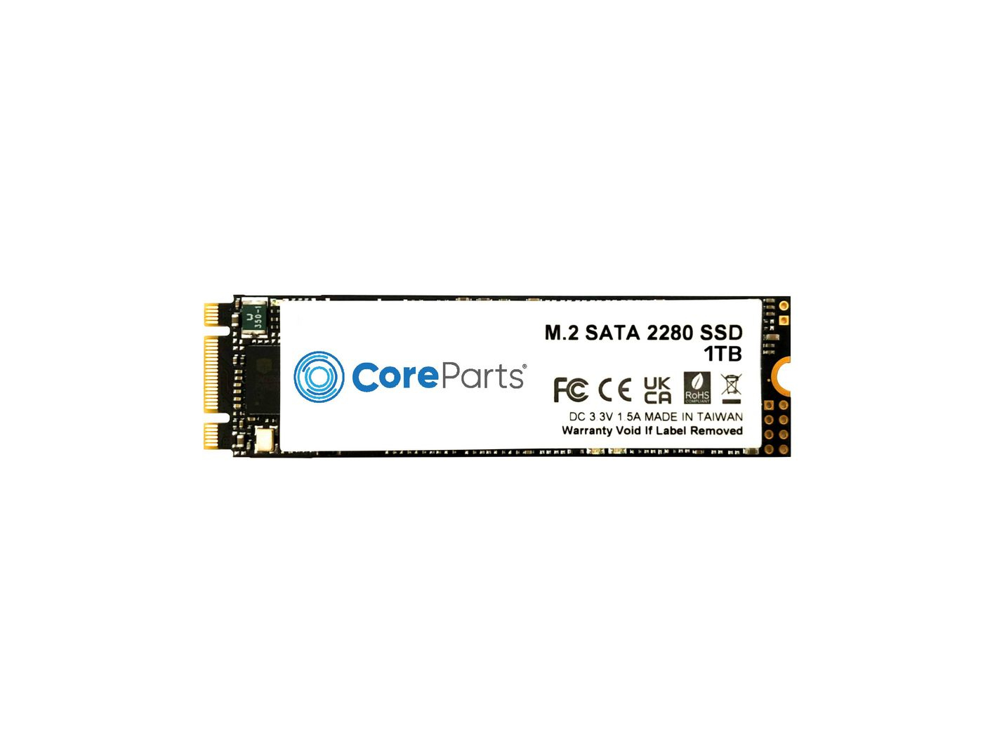 SSD M.2 SATA con "CoreParts" e "1TB" stampato. È un dispositivo lungo e rettangolare con etichette.