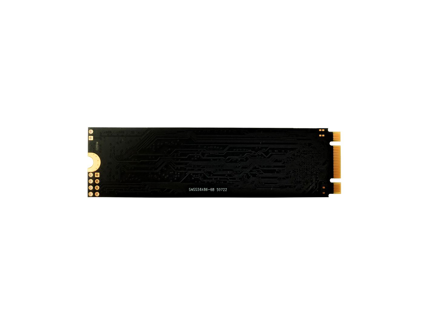 Scheda circuito SSD M.2 nera con connettori dorati, vista posteriore, sfondo bianco.