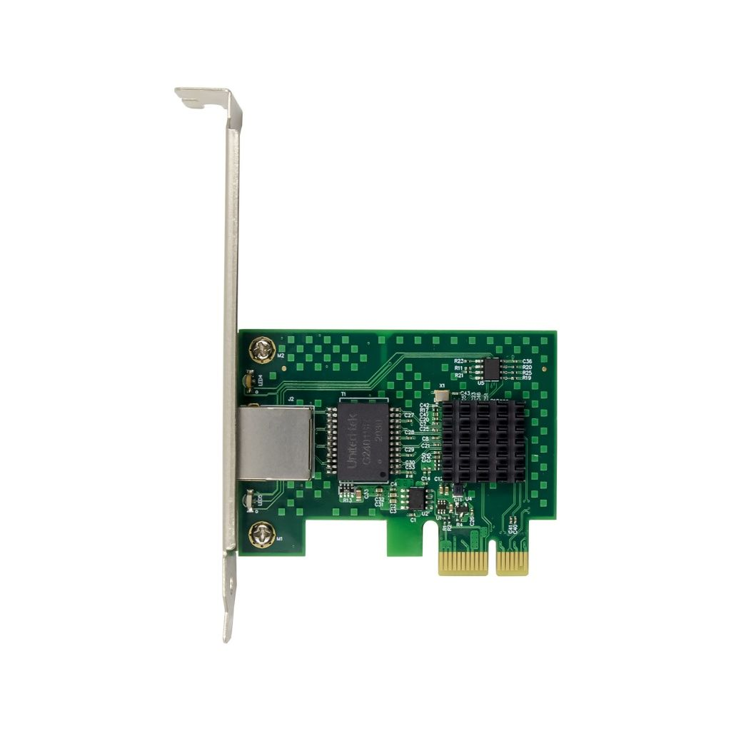 Scheda circuito verde con componenti elettronici e porta di rete, sfondo bianco.