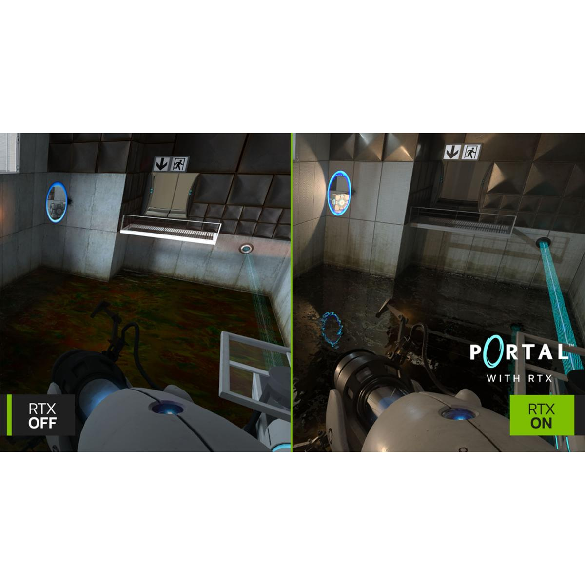 "Portal" oyun sahnesi, RTX teknolojisi ile ve olmadan karşılaştırılıyor.