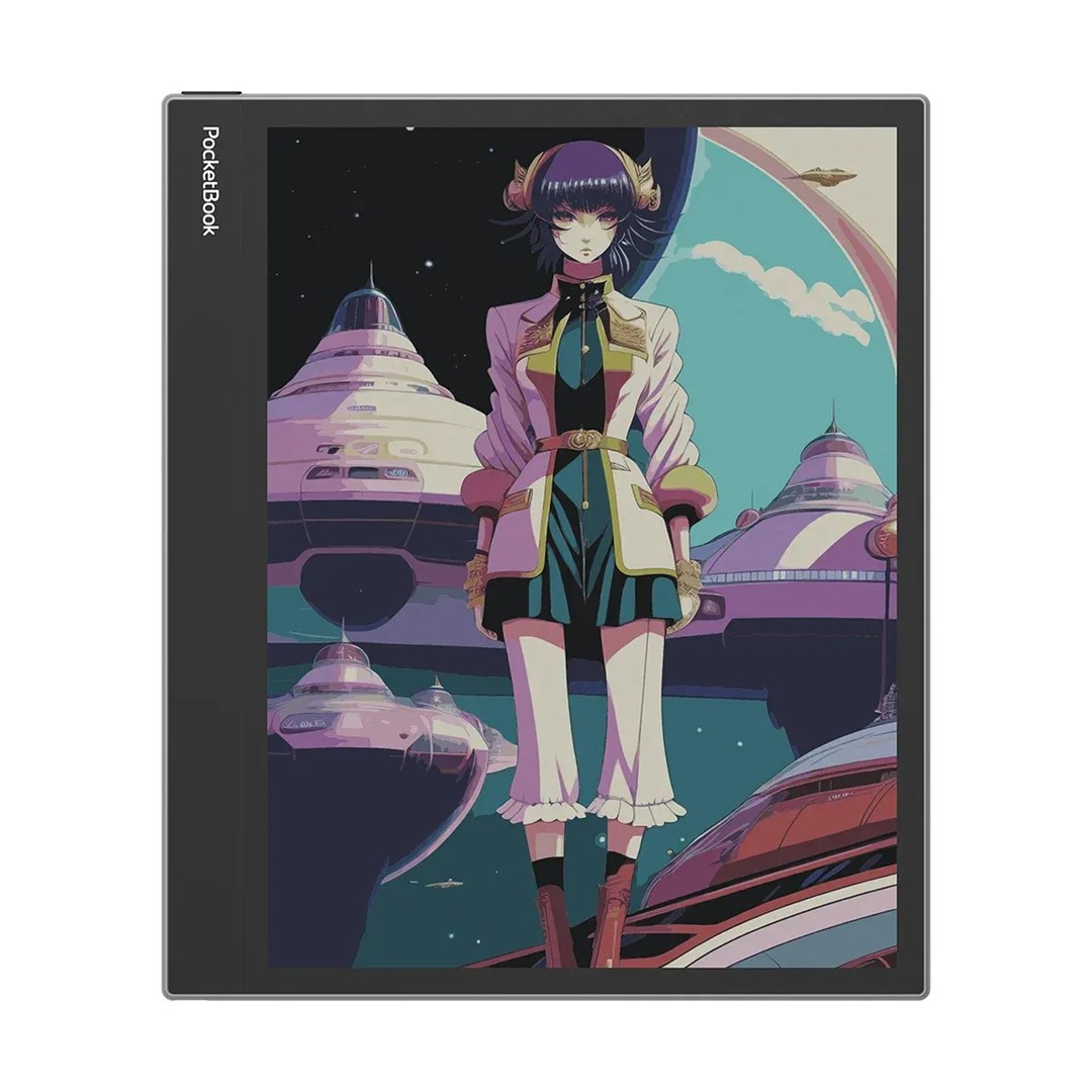 Osoba w futurystycznym stroju stojąca na tablecie przed futurystycznym miastem.