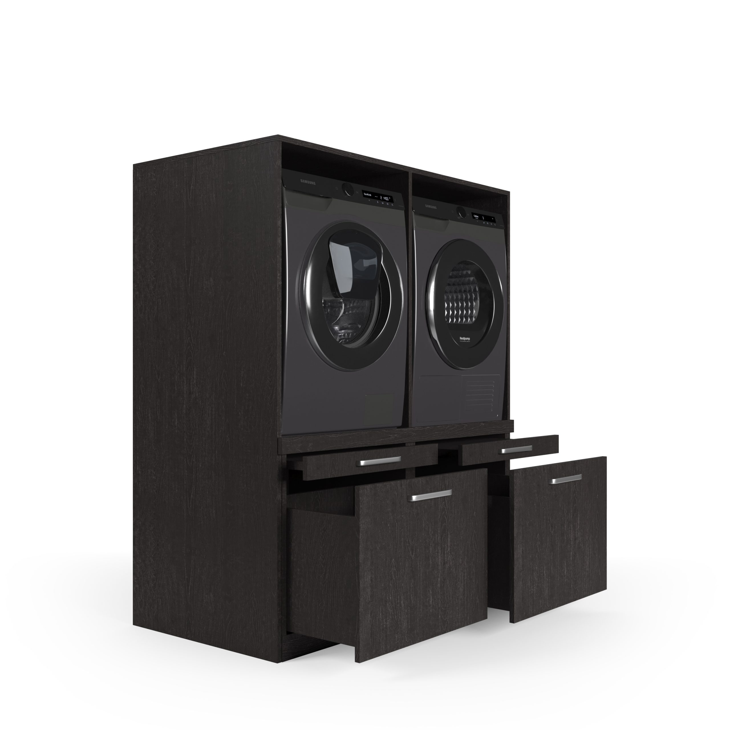 Ein dunkler Holzschrank mit zwei Waschmaschinen und zwei Schubladen. Die Schubladen sind teilweise geöffnet.