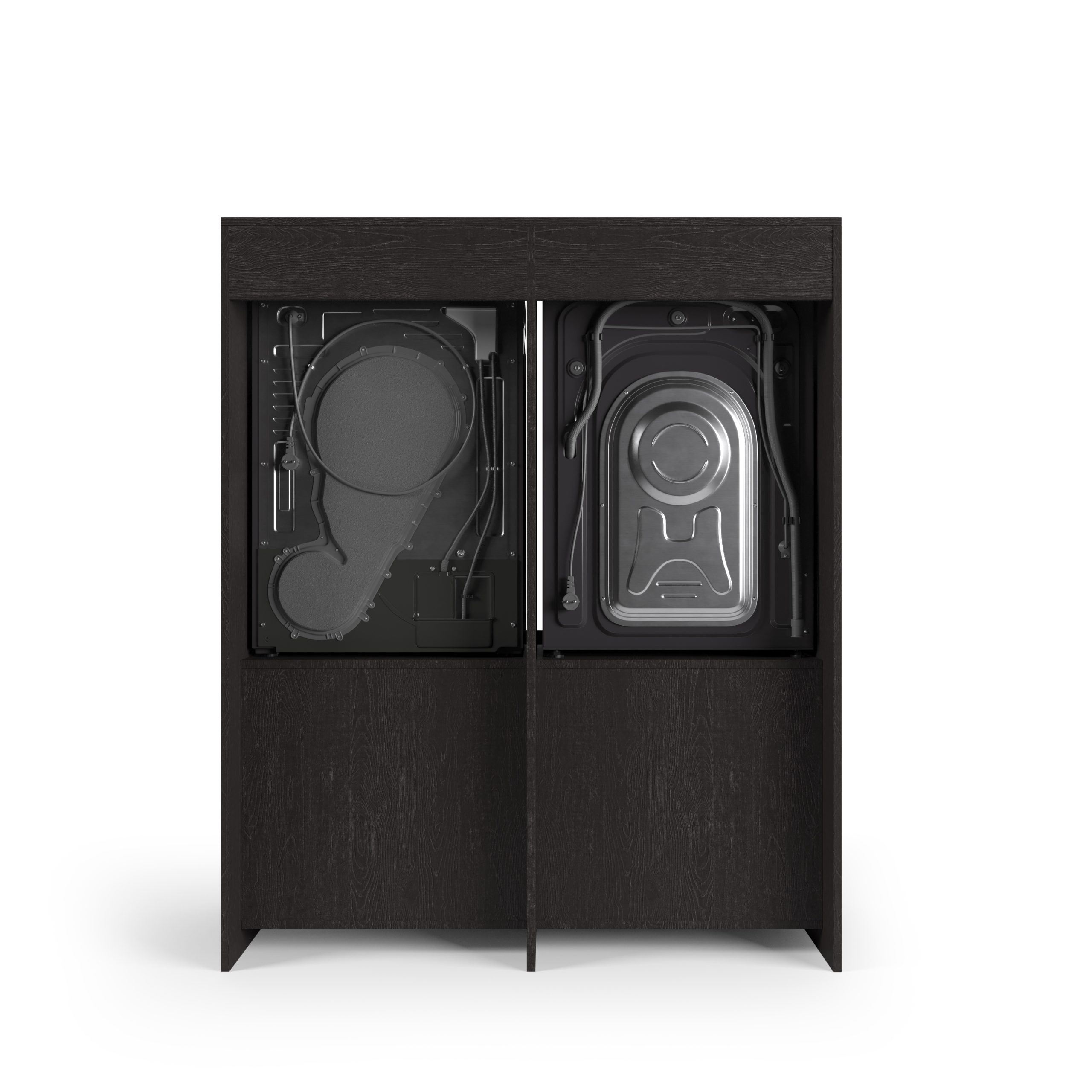 Rückansicht eines Waschsets mit zwei Waschmaschinen. Die Maschinen befinden sich in einem dunklen Holzschrank.