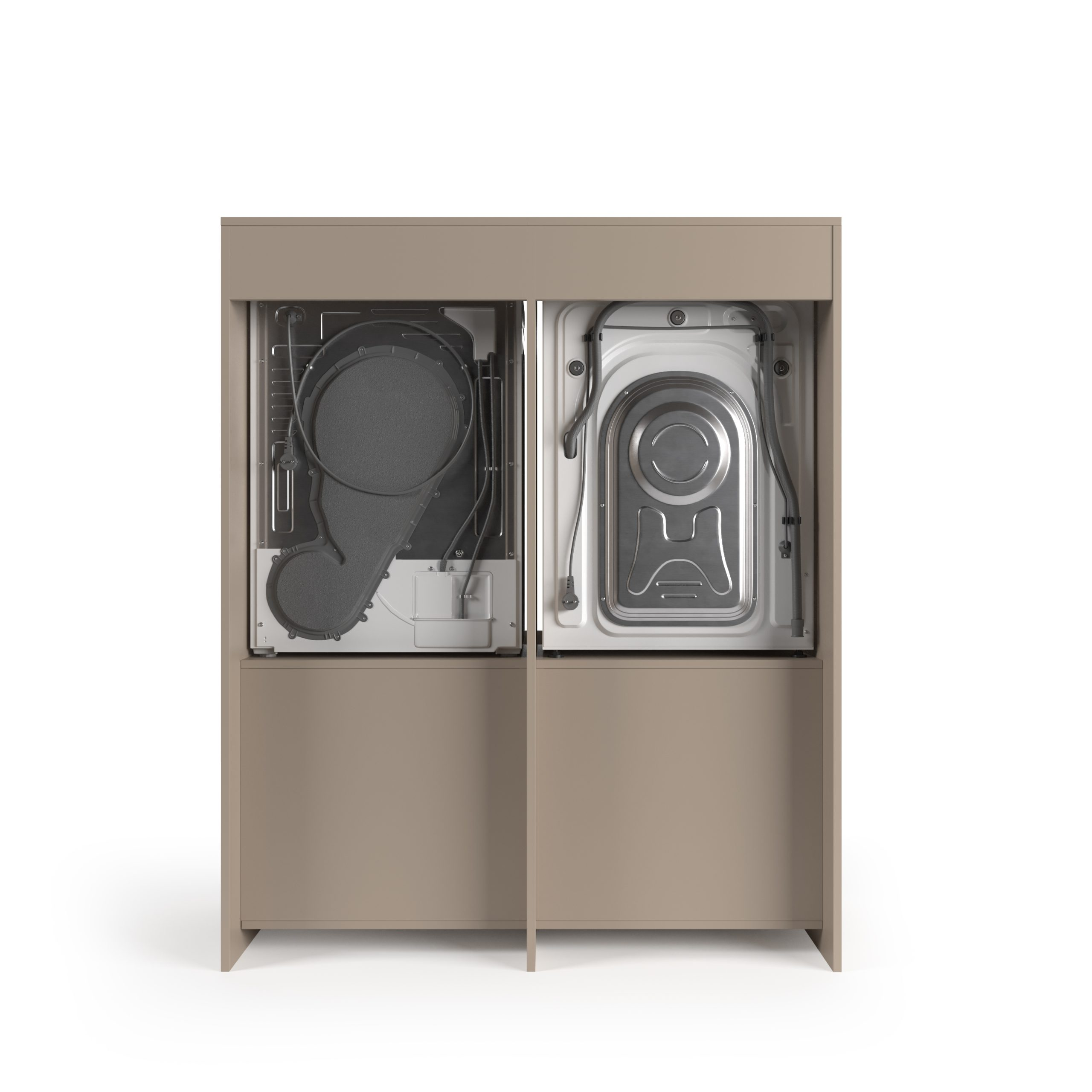 Ein beigefarbener Schrank mit der Rückseite einer Waschmaschine und eines Trockners. Weißer Hintergrund.