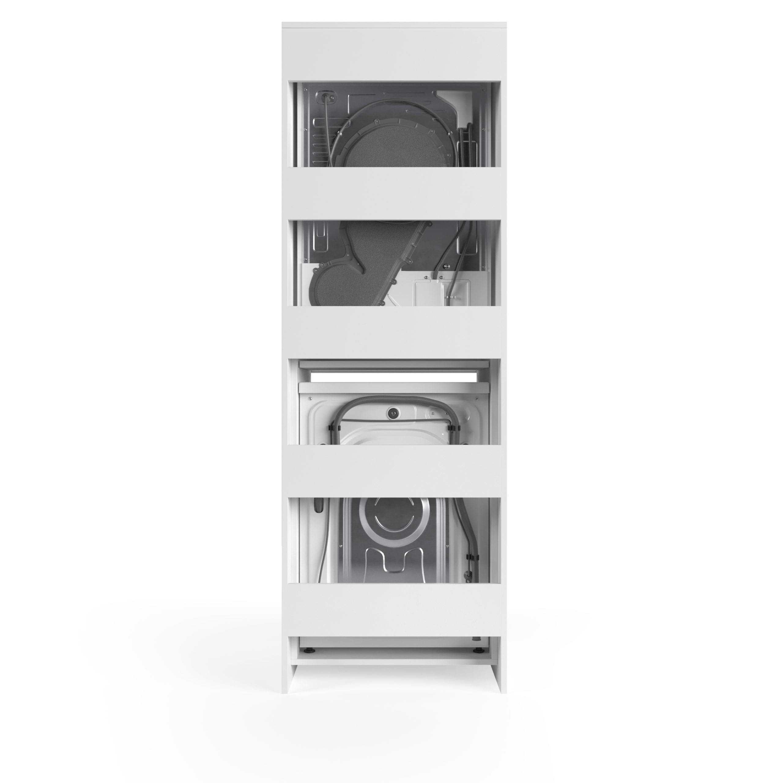 Ein weißer Waschmaschinen-Schrank, dessen innere Komponenten sichtbar sind.