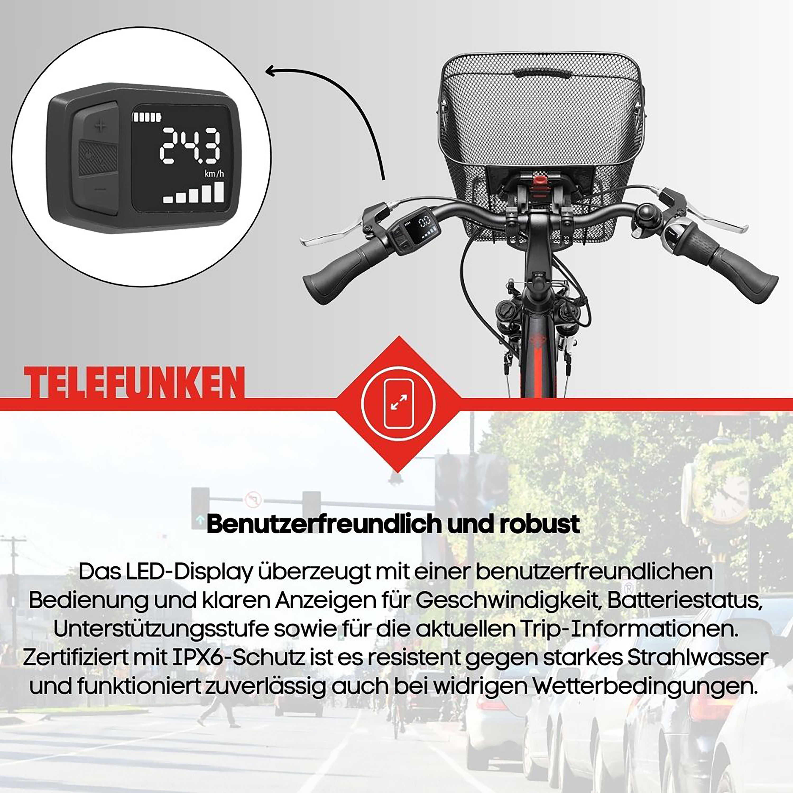 Ein E-Bike mit digitaler Anzeige, die die Geschwindigkeit anzeigt. Text auf Deutsch, und ein rotes Warnschild.