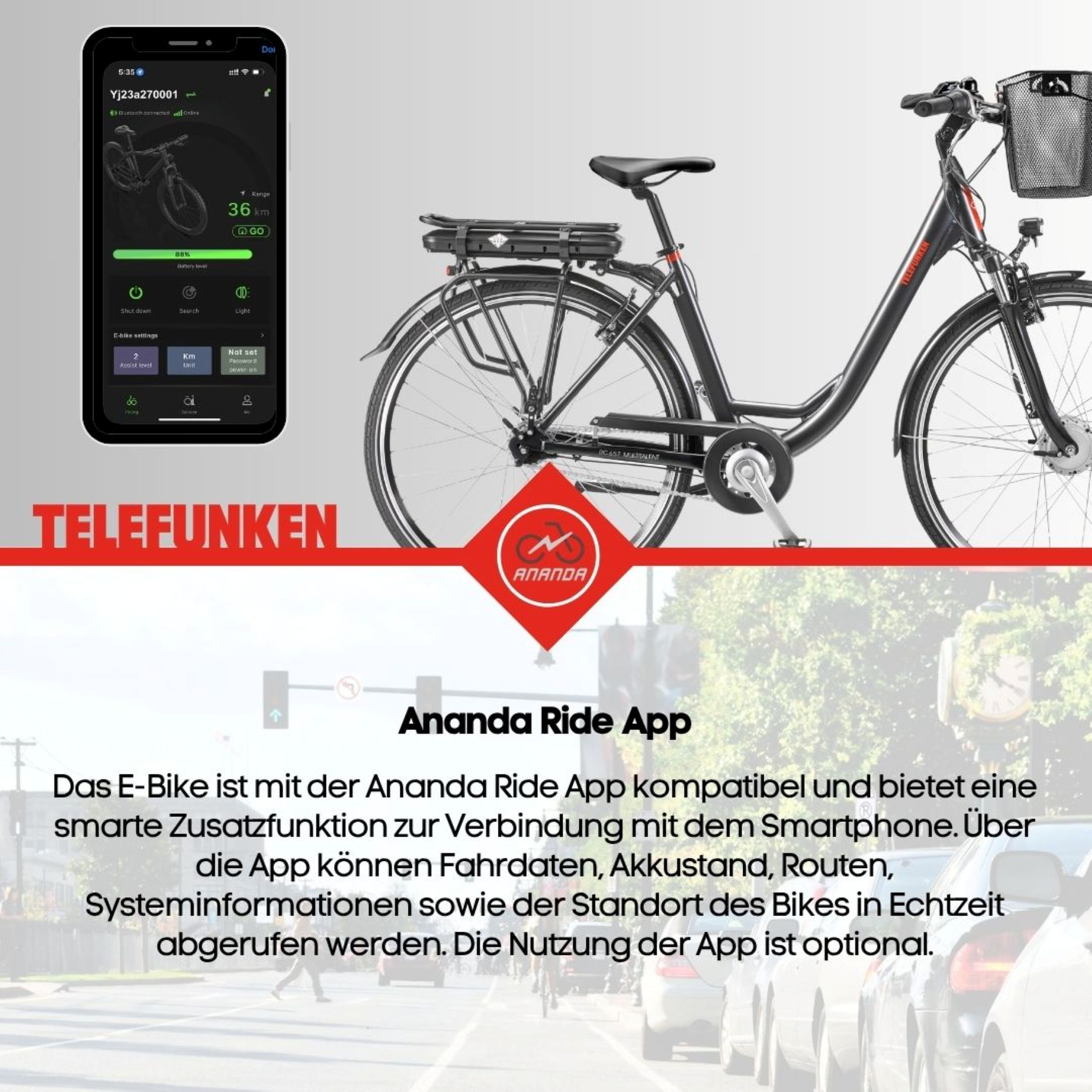 Anzeige der Ananda Ride App zeigt ein Fahrrad, Smartphone und Text. Autos fahren im Hintergrund auf einer Straße.